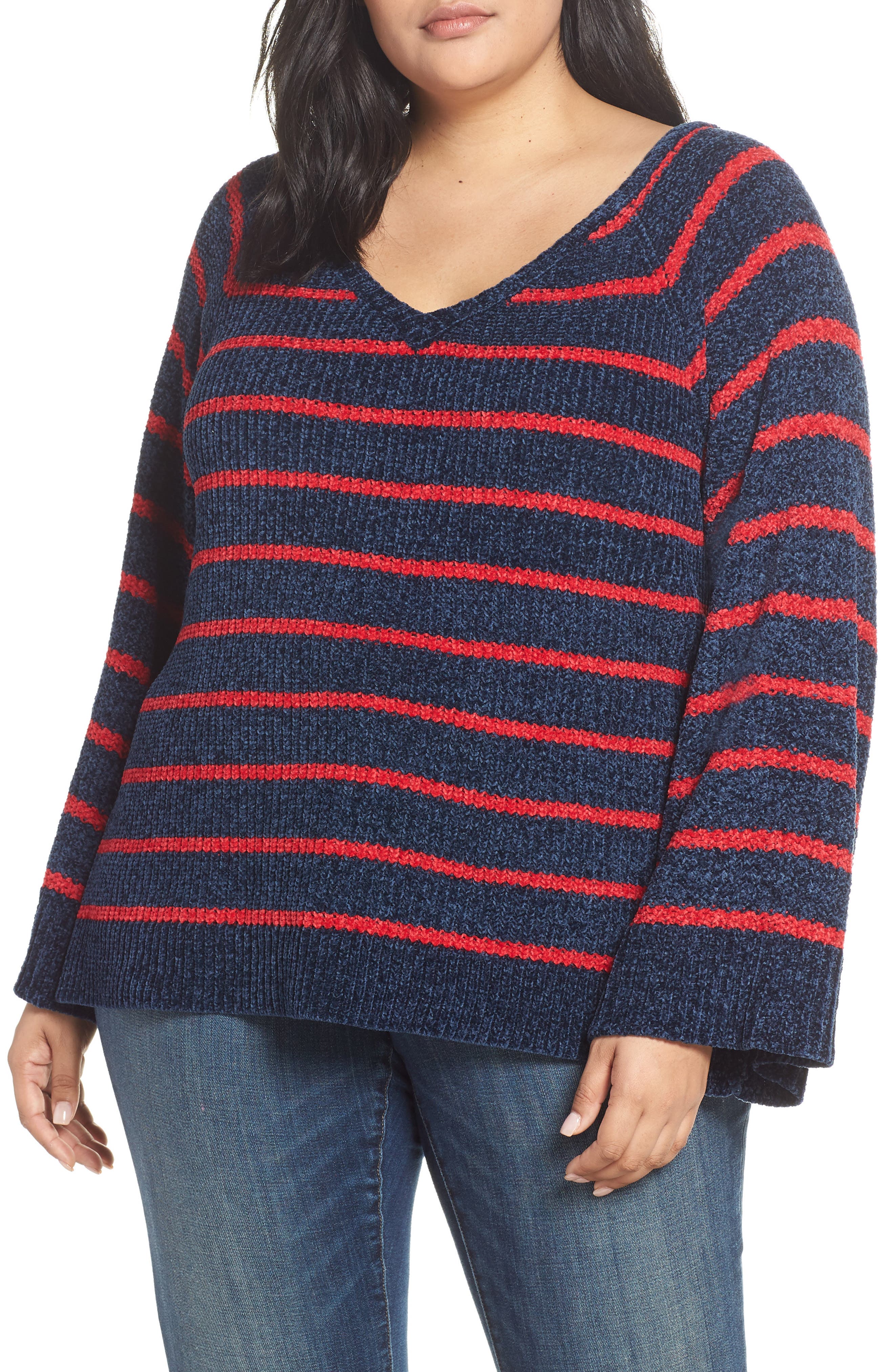 Plus Size & .layered Stripe V-Neck Sweater, Blue