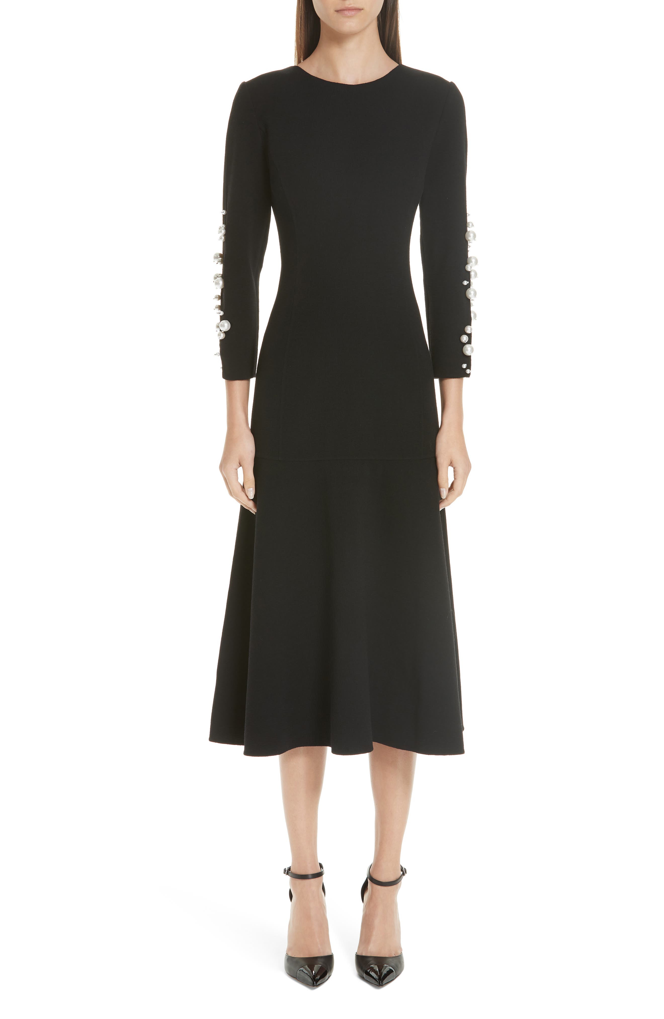 Oscar De La Renta Imitation Pearl Embellished Stretch Wool Crepe Dress, Black