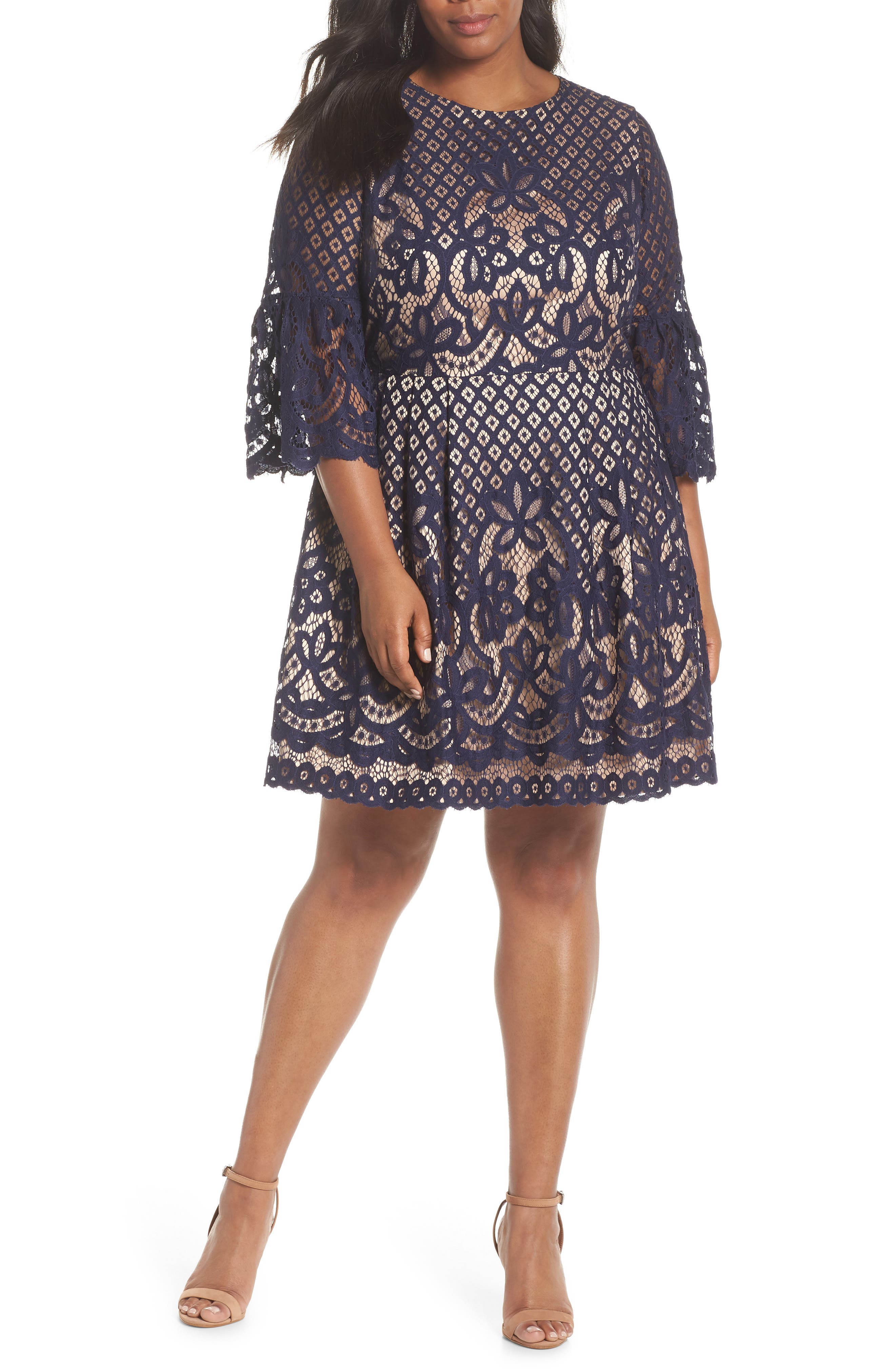Plus Size Eliza J Bell Sleeve Lace Fit & Flare Dress