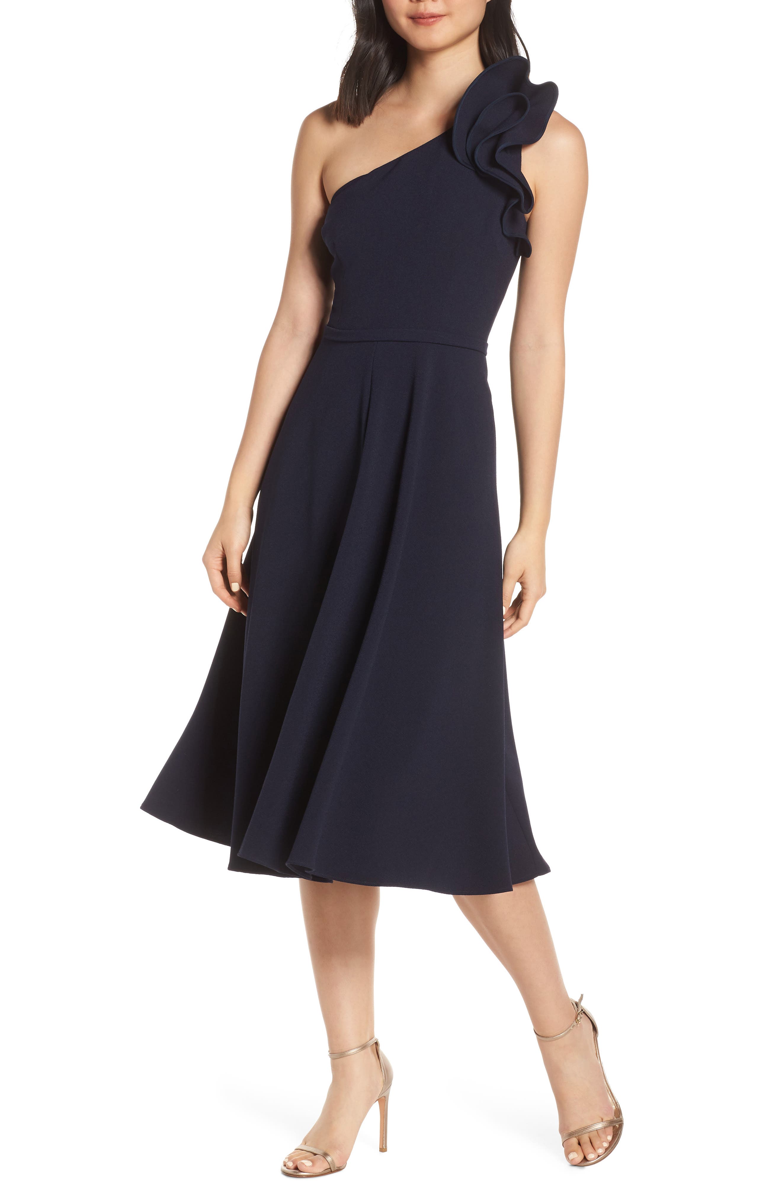 Eliza J Ruffle One-Shoulder Fit & Flare Dress, Blue