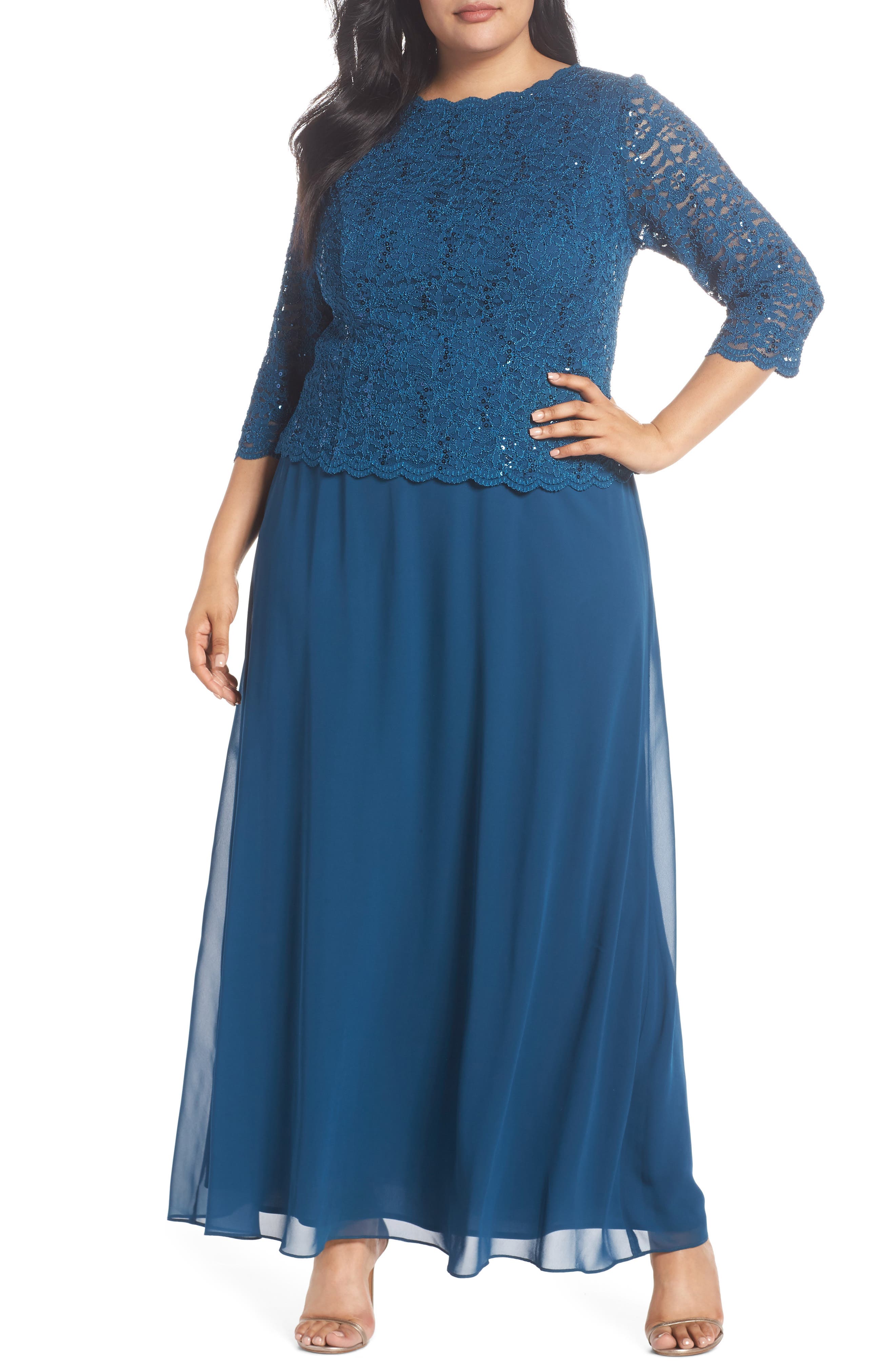 Plus Size Alex Evenings Embellished Lace & Chiffon Gown, Blue/green