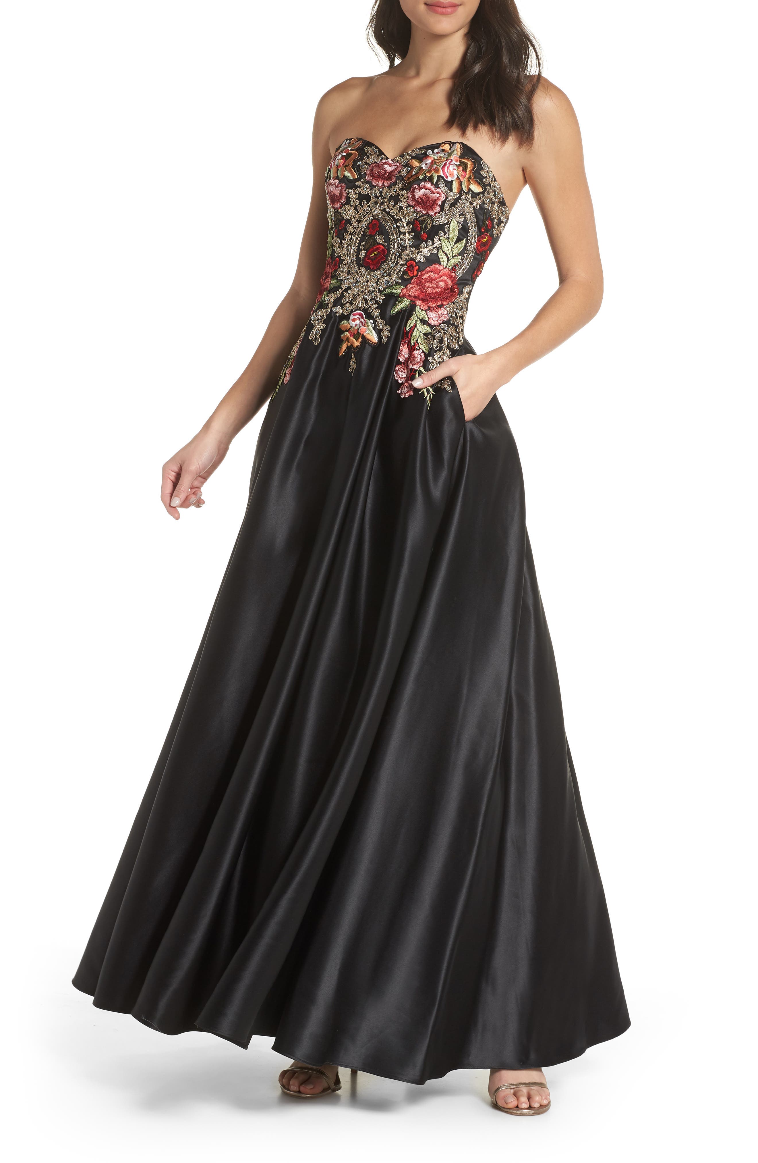 Blondie Nites Embroidered Applique Strapless Ballgown, Black