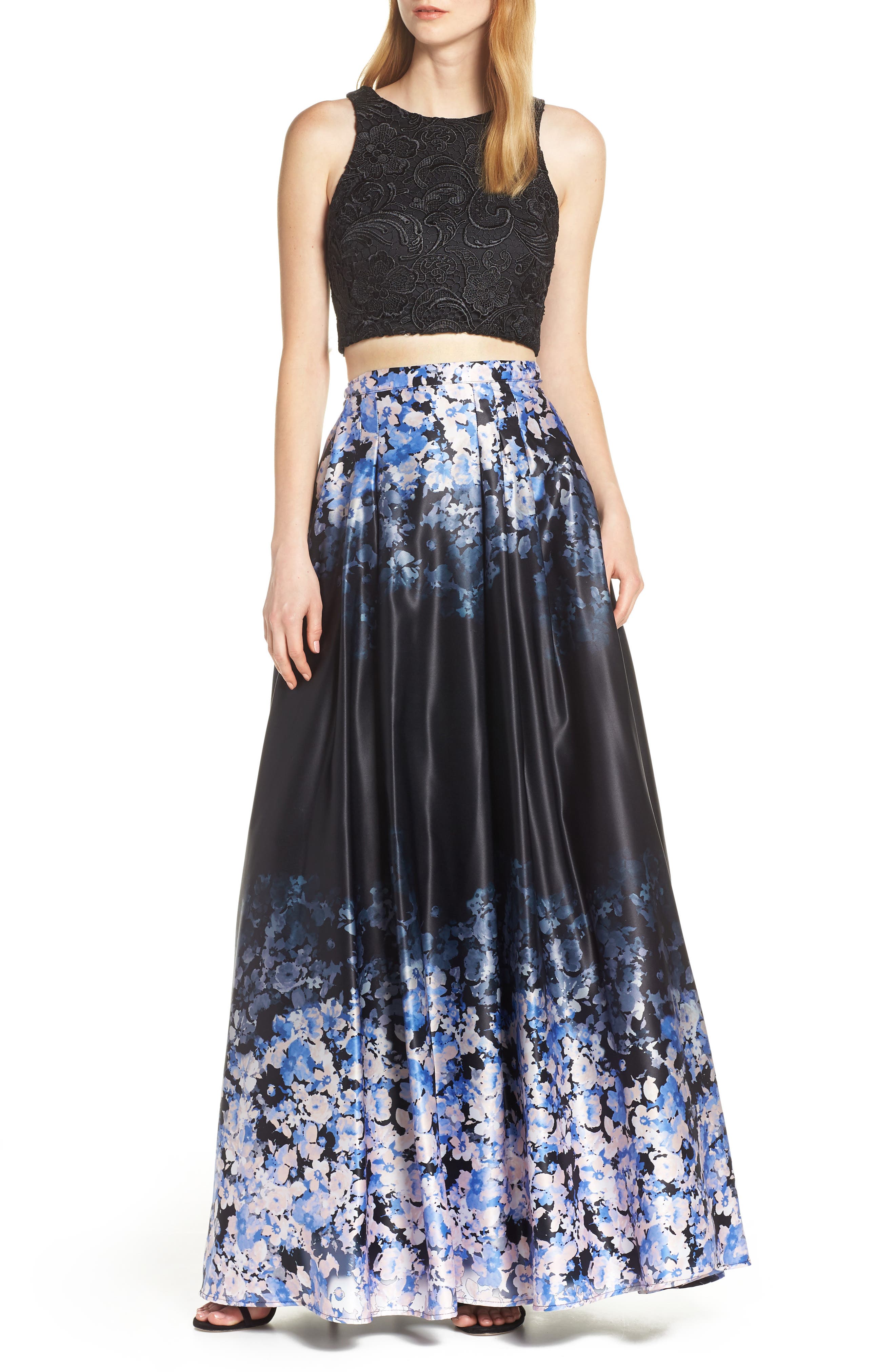 Sequin Hearts Satin & Lace Two-Piece Evening Dress, Black