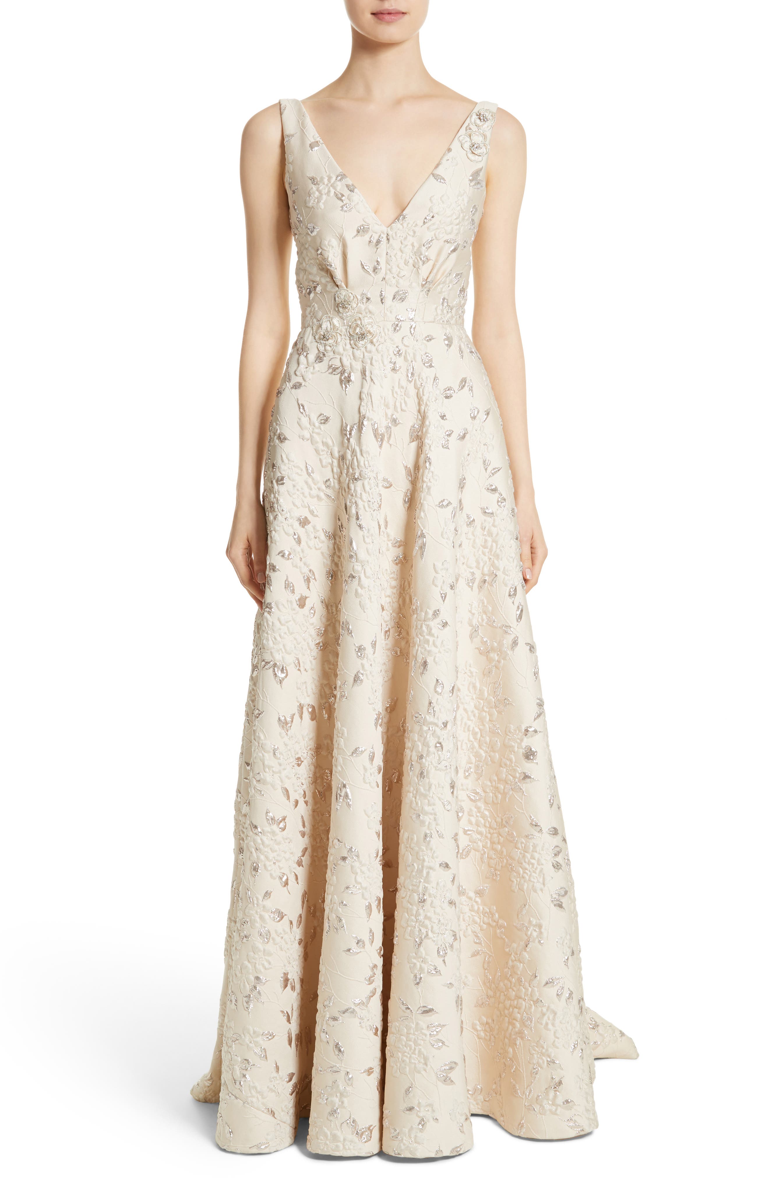 Carmen Marc Valvo Couture Reembroidered Cloque Gown, Ivory
