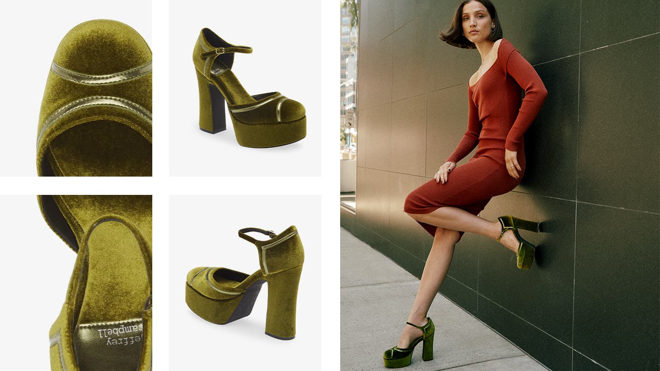 Close-up and full views of a green velvet platform shoe. A woman wearing green velvet platforms.