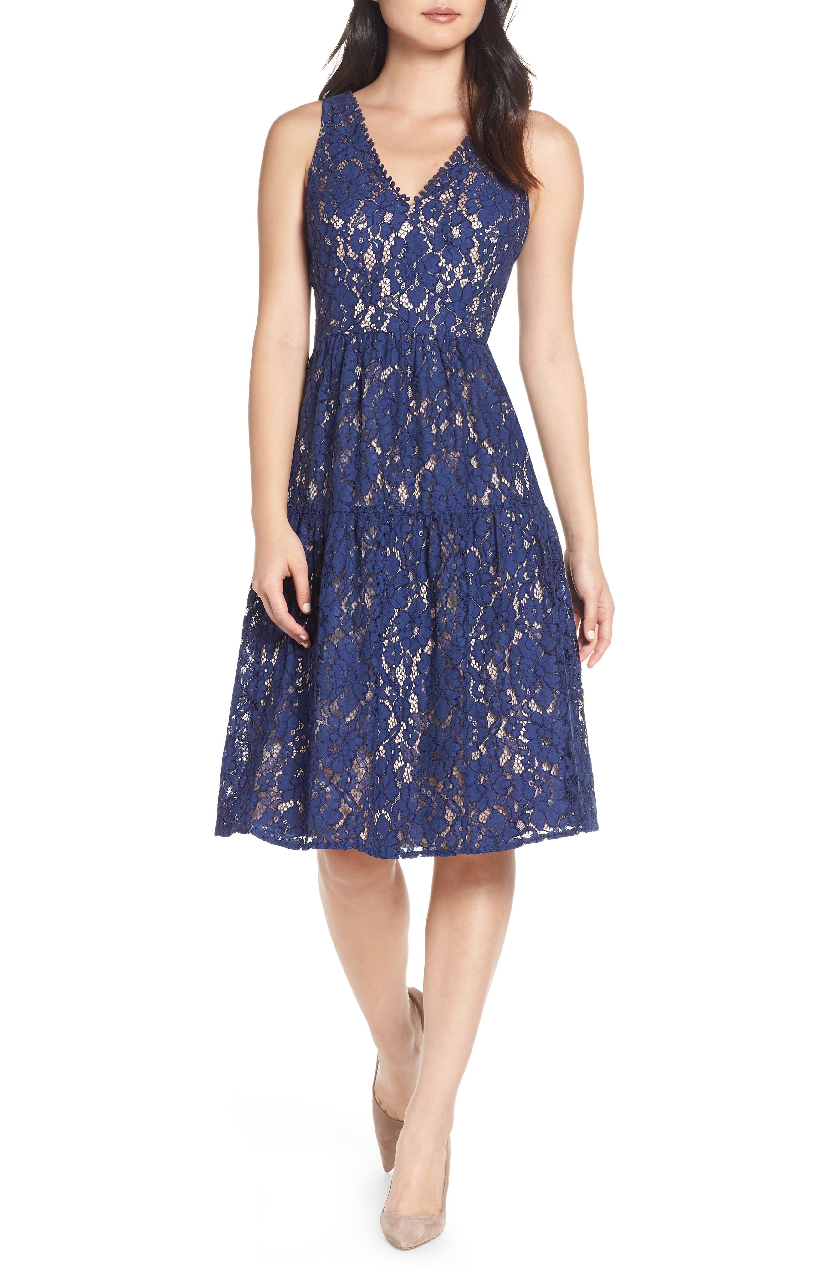 Eliza J Lace Fit & Flare Dress, Blue