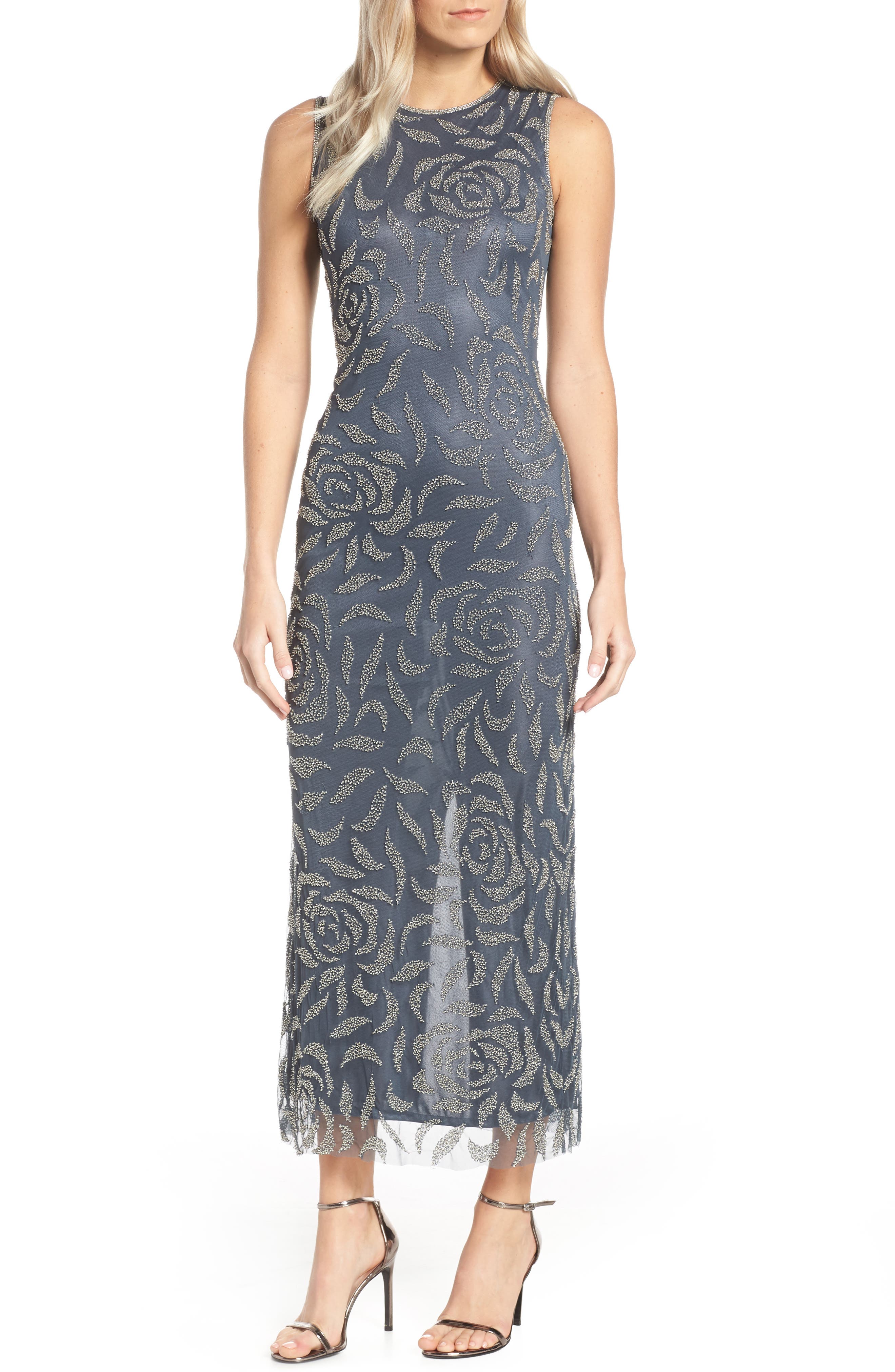 Petite Pisarro Nights Beaded Rose Motif Evening Dress, Grey
