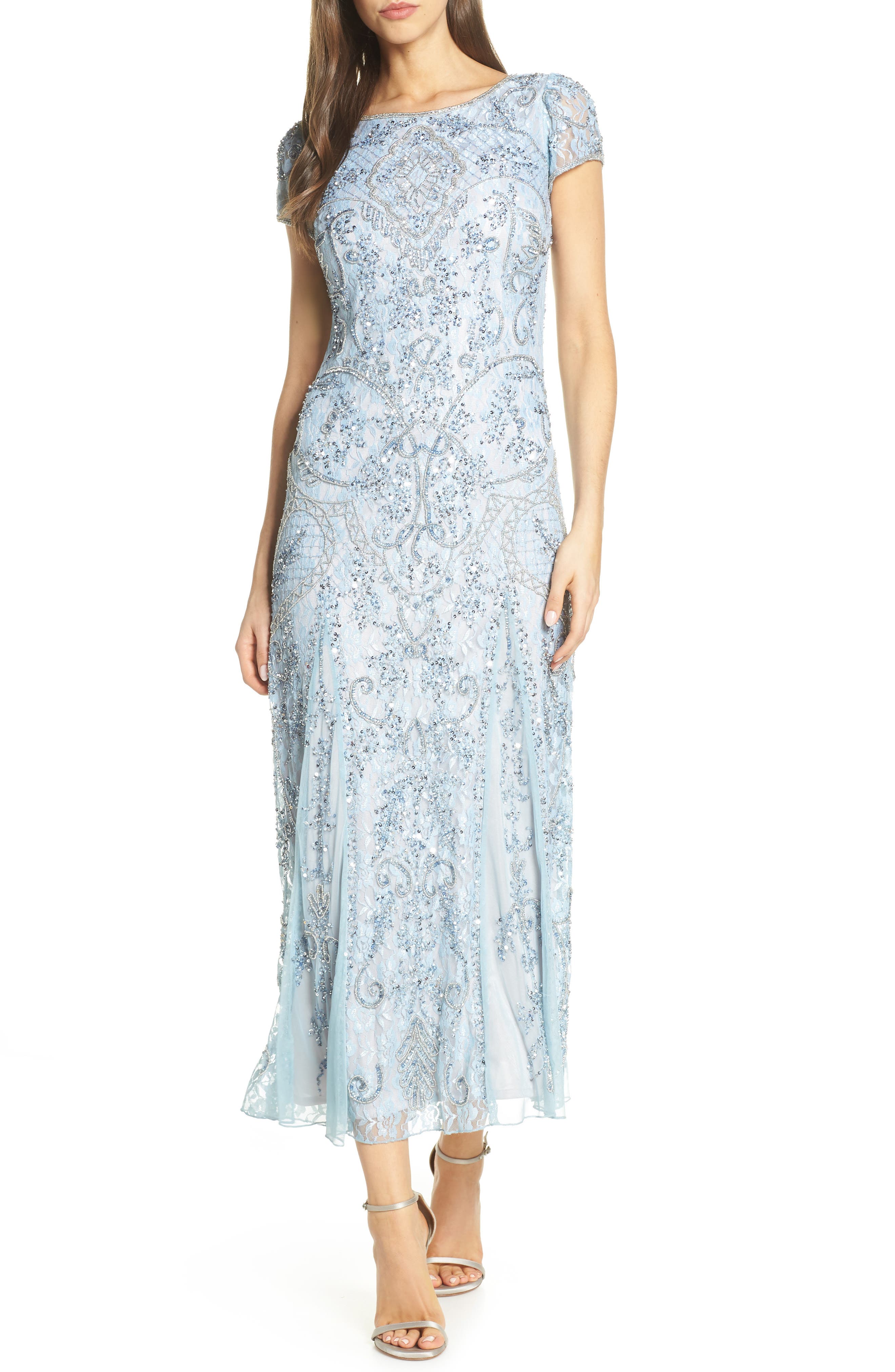 Petite Pisarro Nights Embellished Lace Gown, Blue