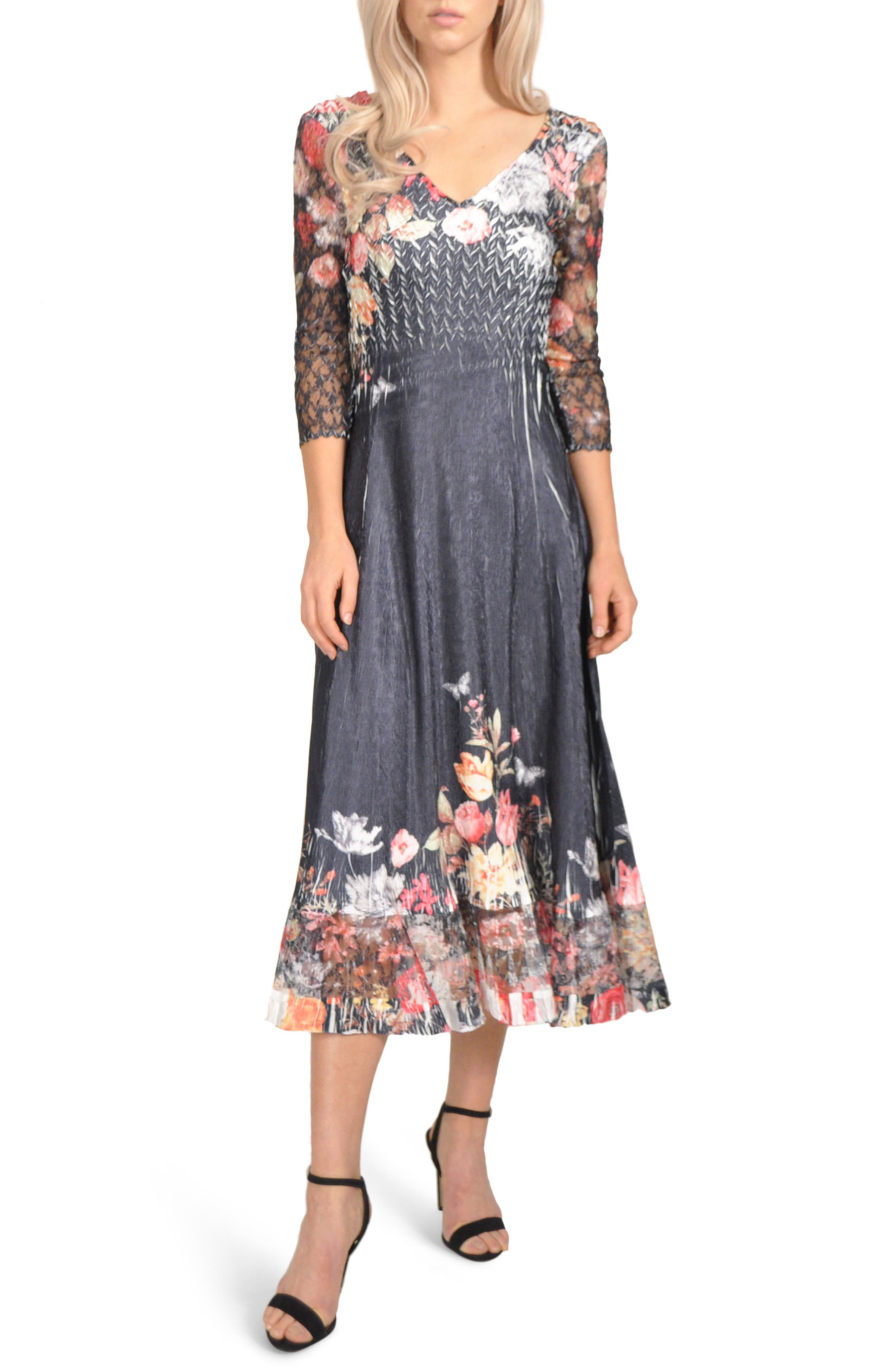 Petite Komarov Charmeuse & Chiffon Tea Length Dress, Blue