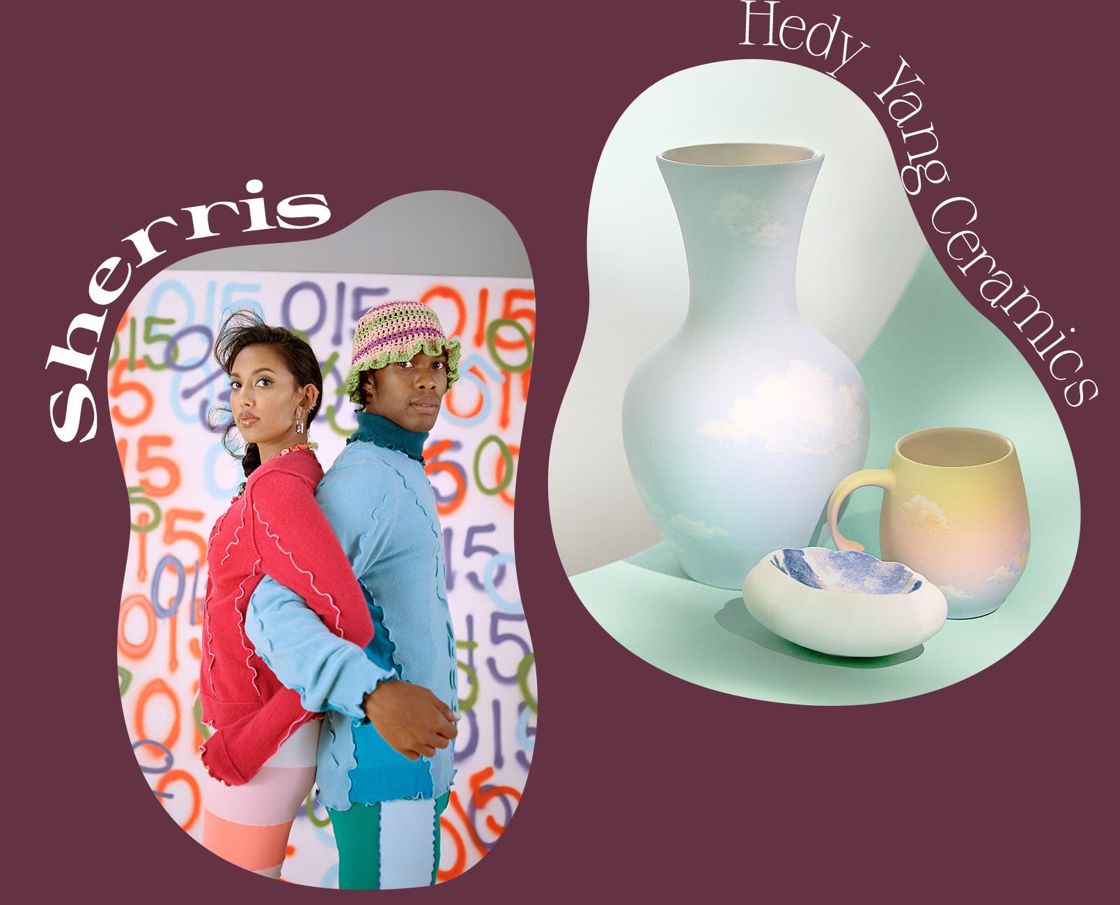 A woman and man wearing clothing from Sherris. A vase, dish and mug from Hedy Yang Ceramics.