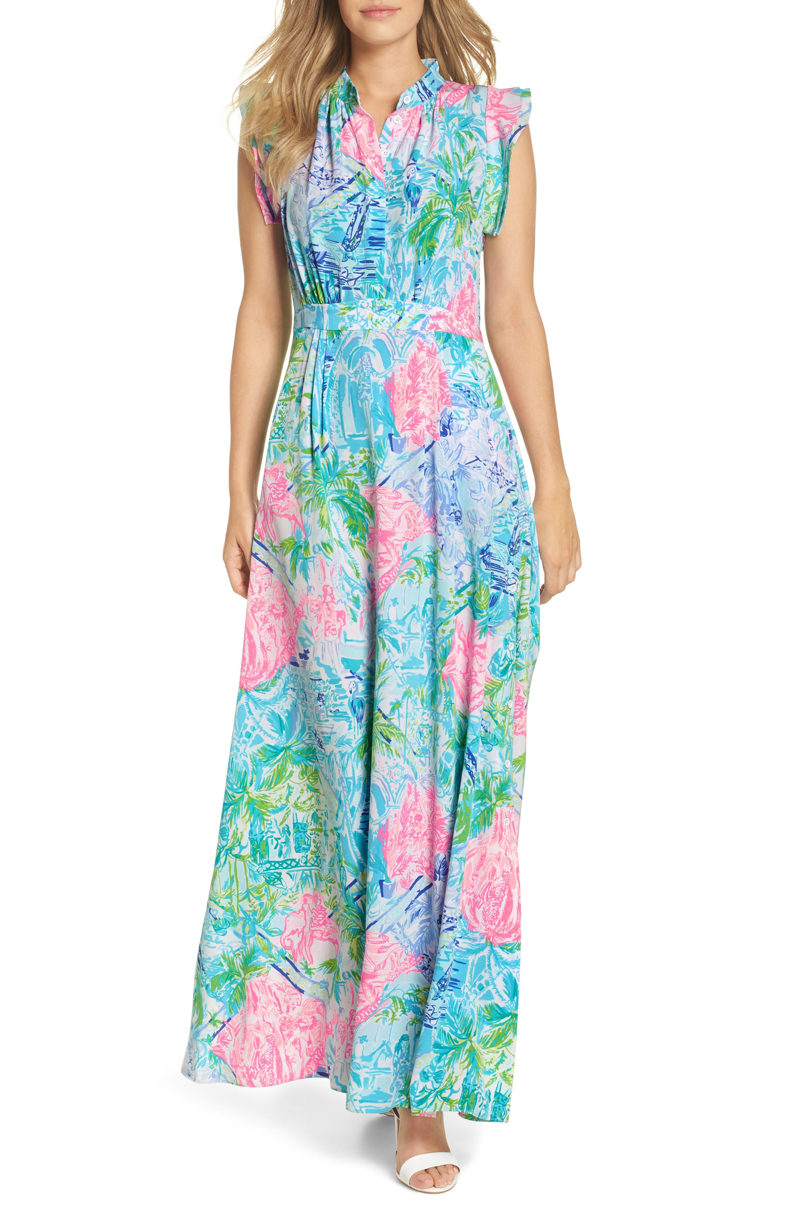 Lilly Pulitzer Palm Beach Silk Maxi Dress, Blue/green