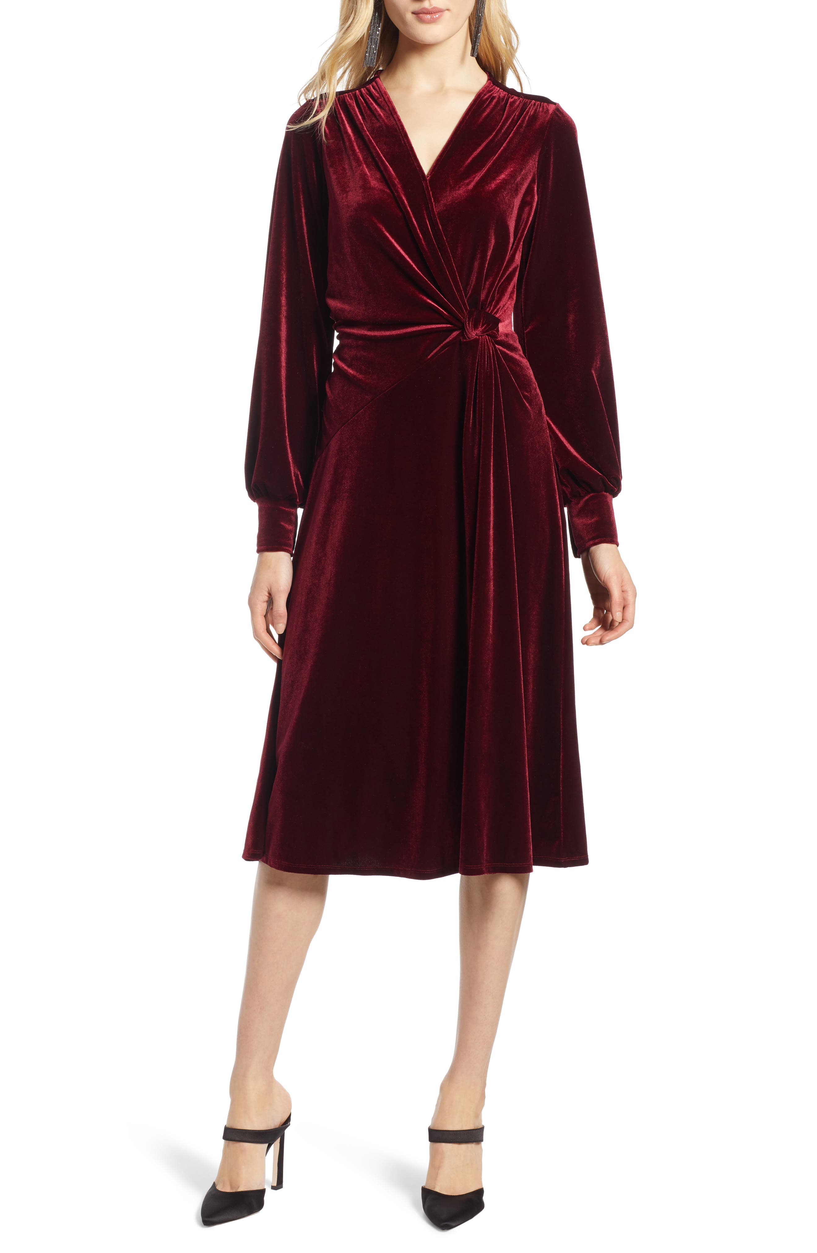 Petite Halogen Velvet Faux Wrap Dress, Red