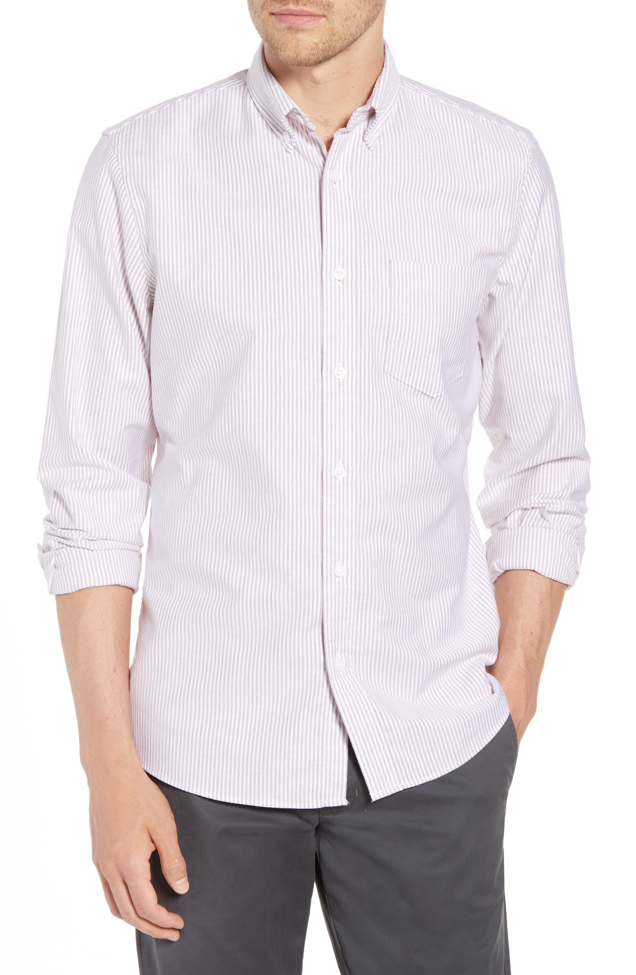 1901 Trim Fit Bengal Stripe Sport Shirt, Burgundy