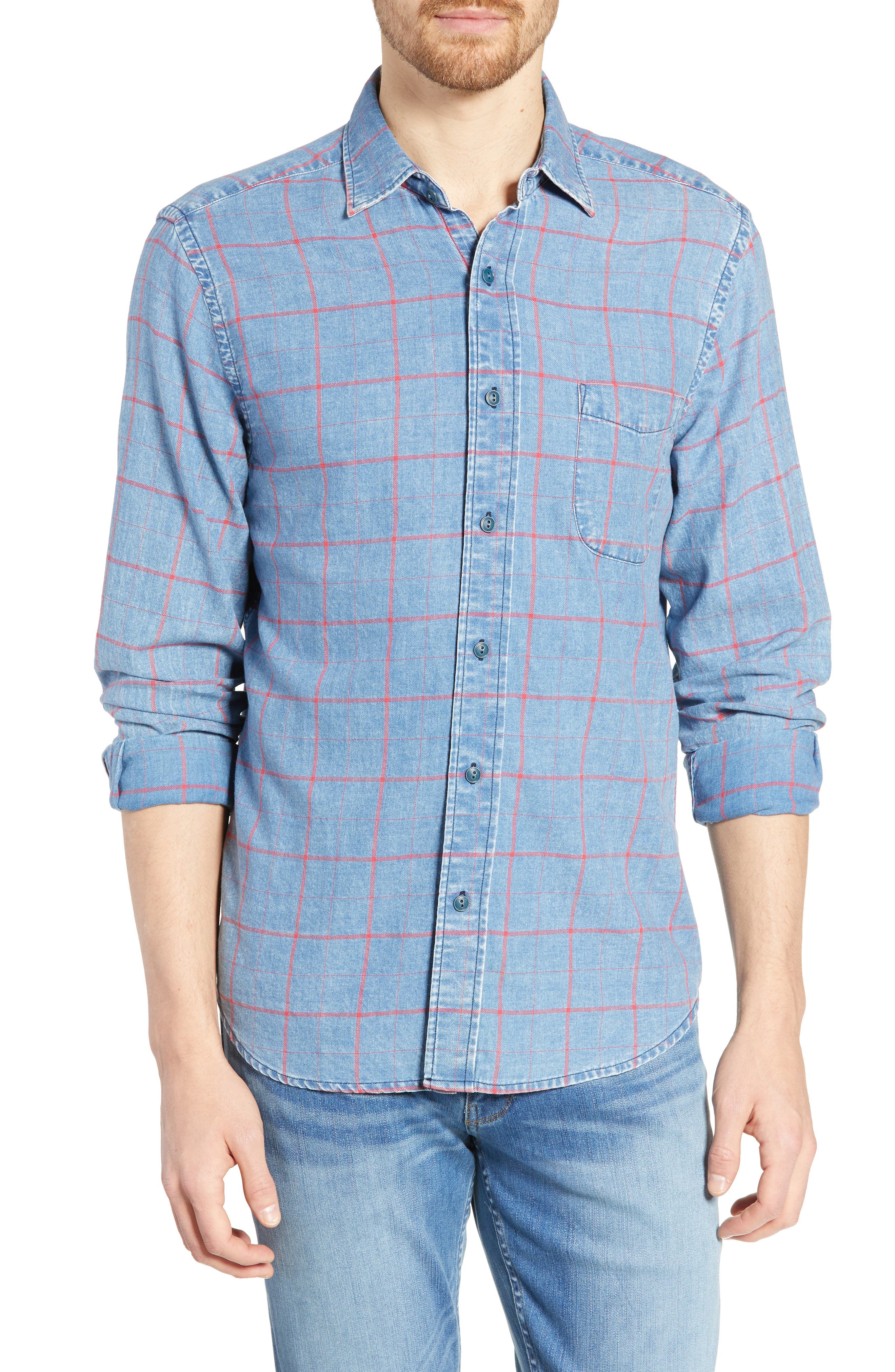 Faherty Everyday Regular Fit Windowpane Cotton Sport Shirt, Blue