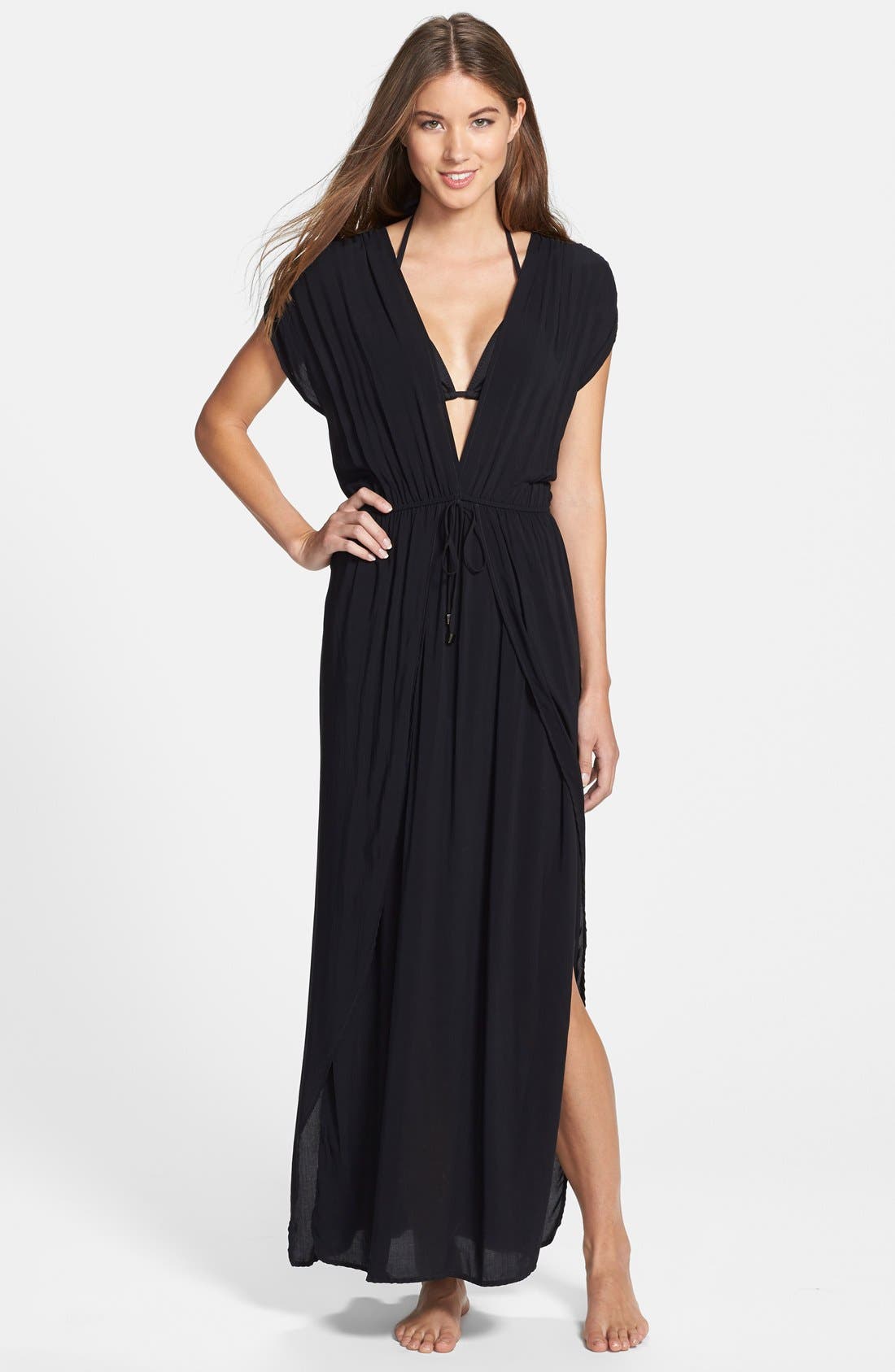 Elan Deep V-Neck Cover-Up Maxi Dress, Black