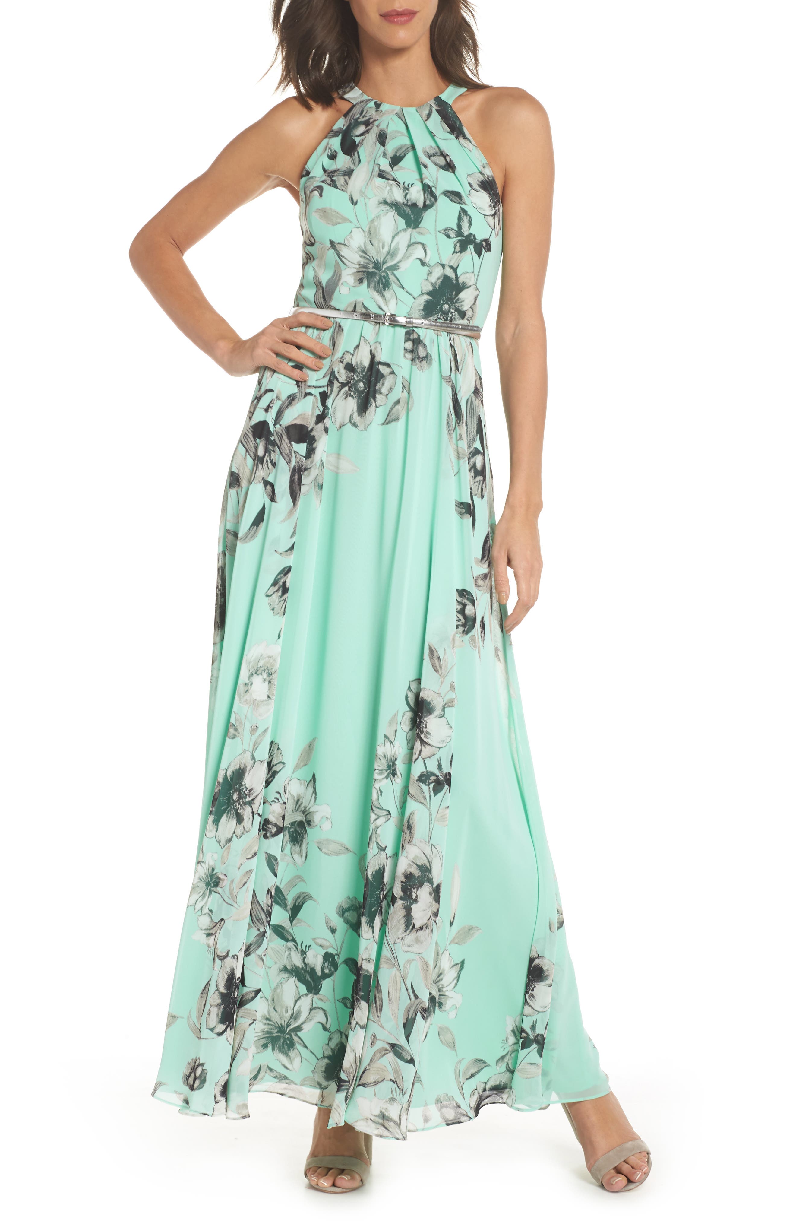 Eliza J Belted Chiffon Maxi Dress, Green