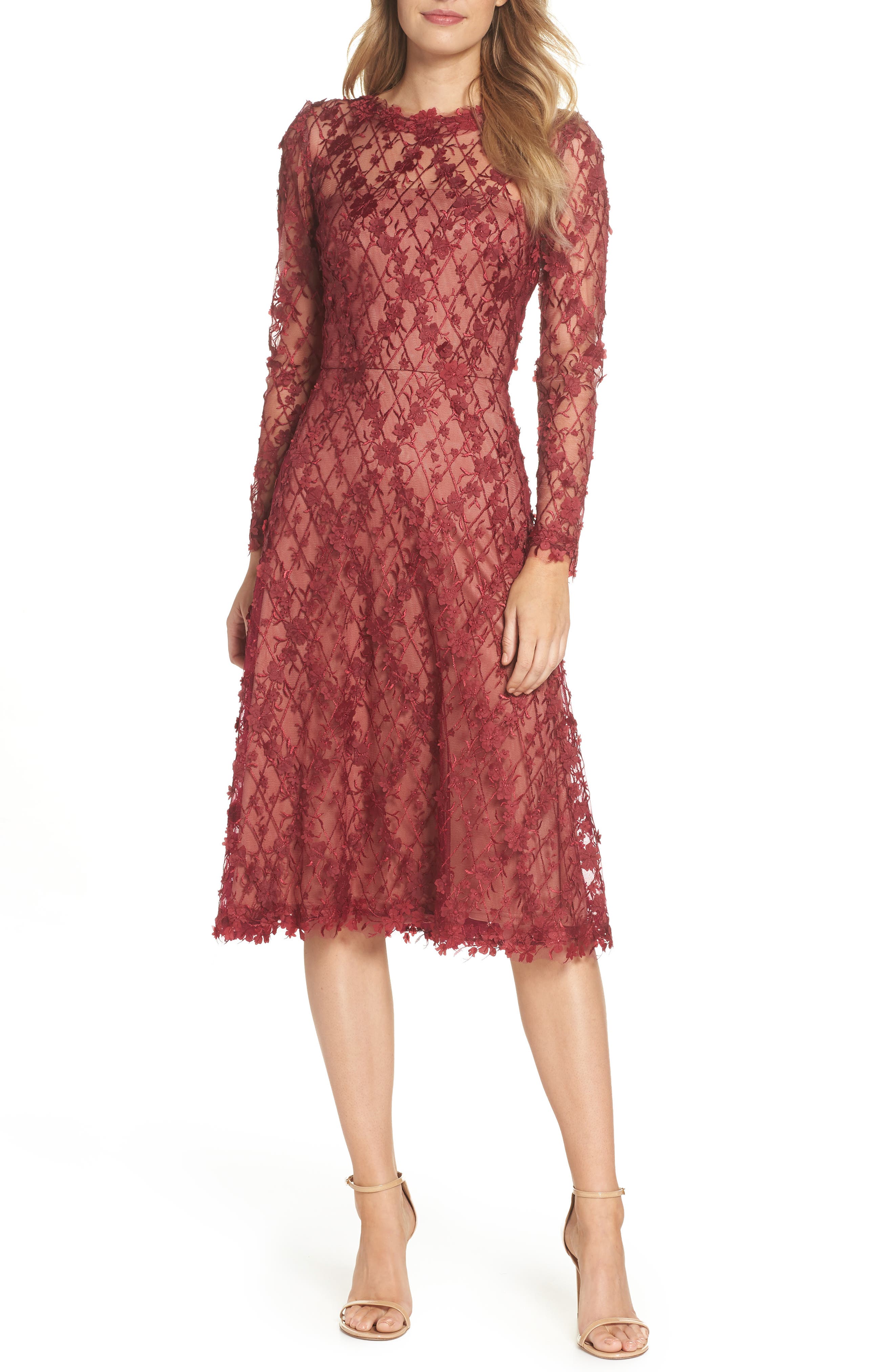 Tadashi Shoji 3D Flowers Lace Dress, Red