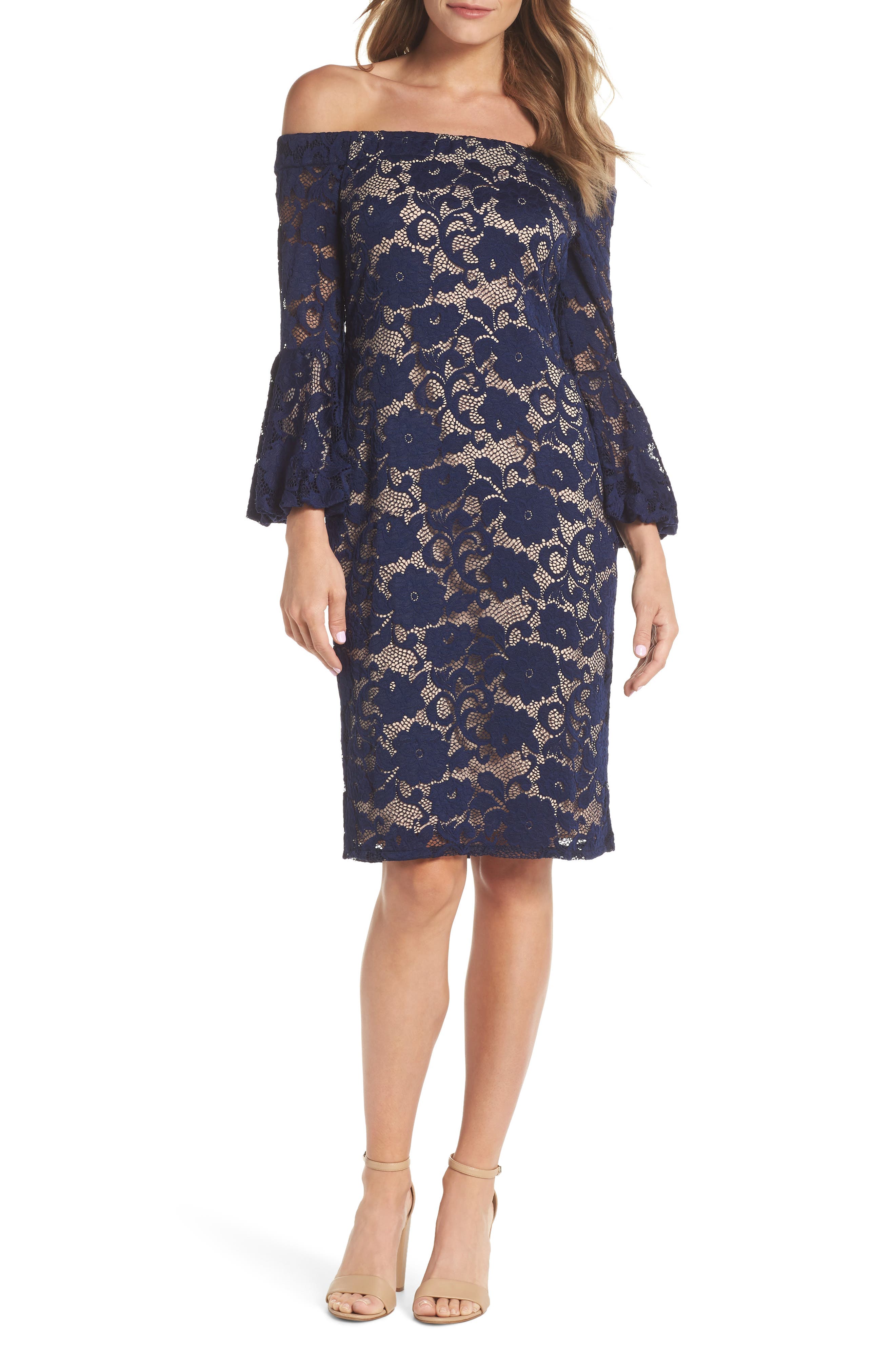 Eliza J Bubble Bell Sleeve Off The Shoulder Lace Sheath Dress, Blue