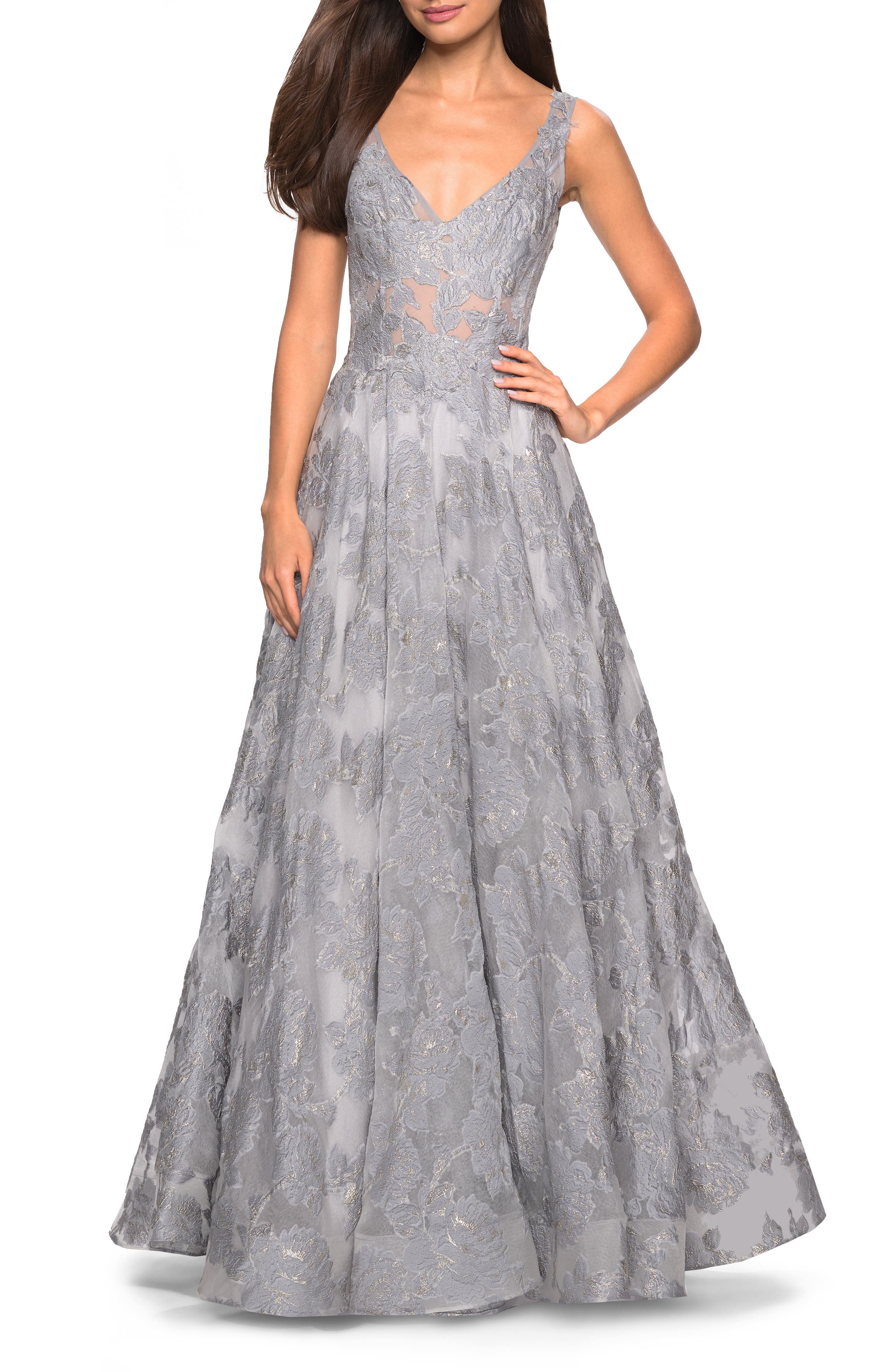 La Femme Lace A-Line Evening Dress, Grey