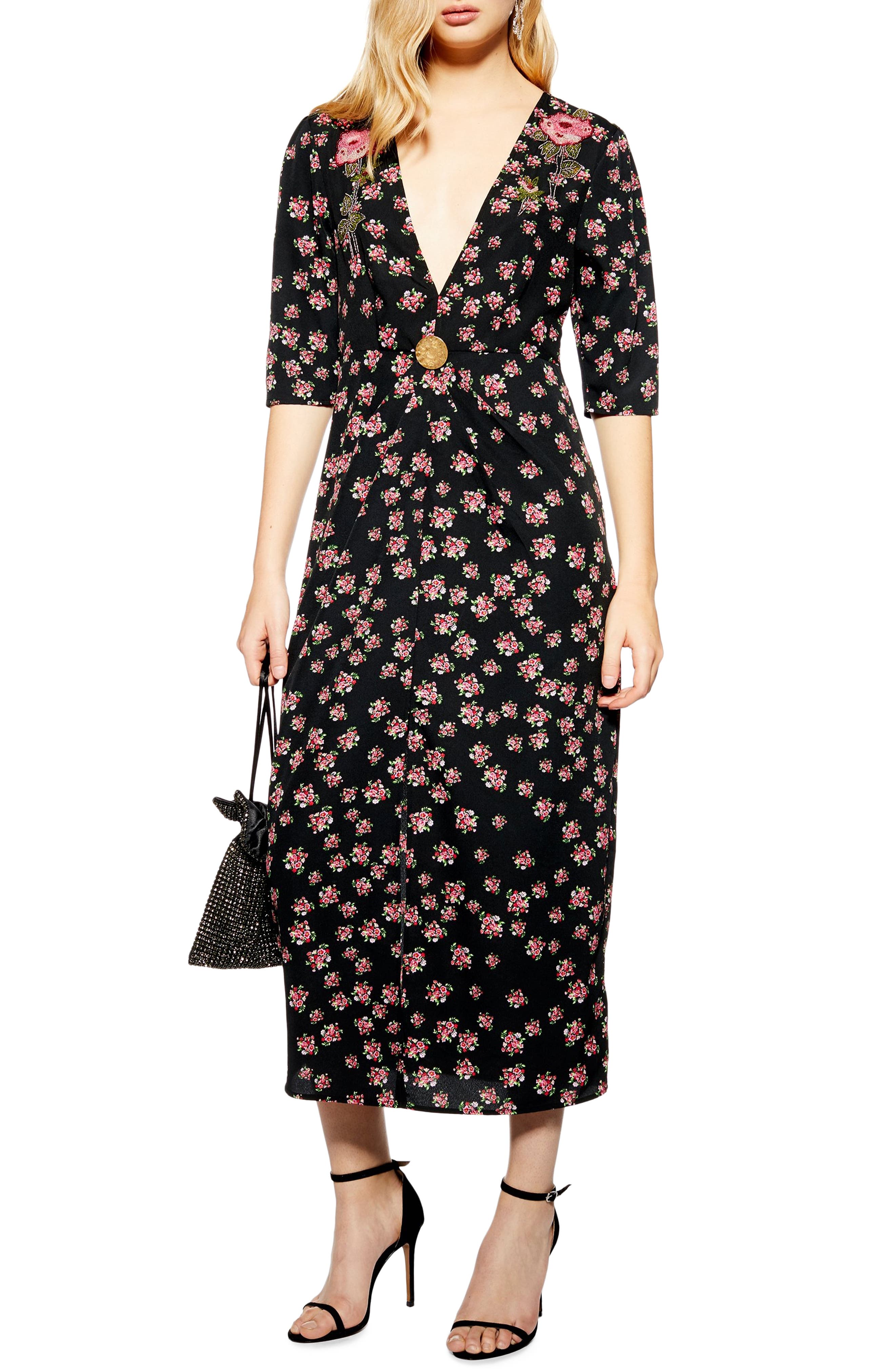 Topshop Embellished Floral Midi Dress, US (fits like 0) - Black