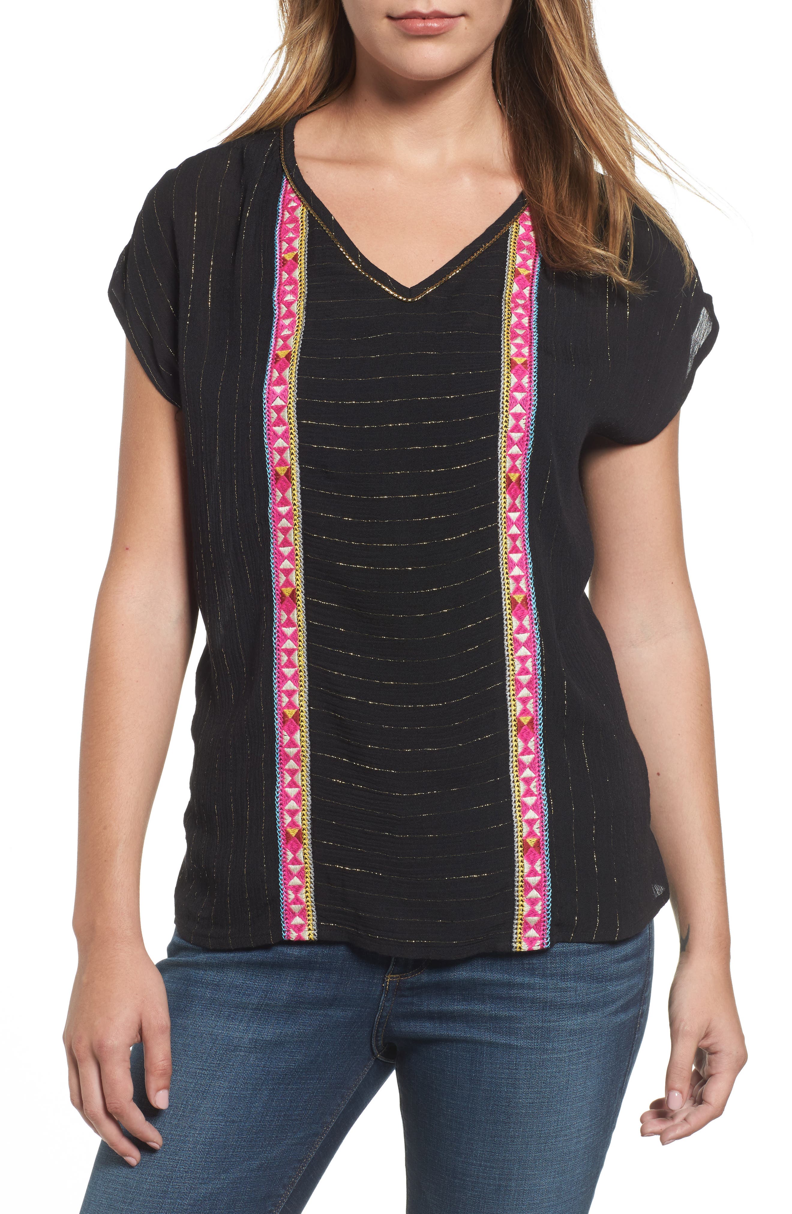 THML Embroidered Metallic Pinstripe Top Nordstrom
