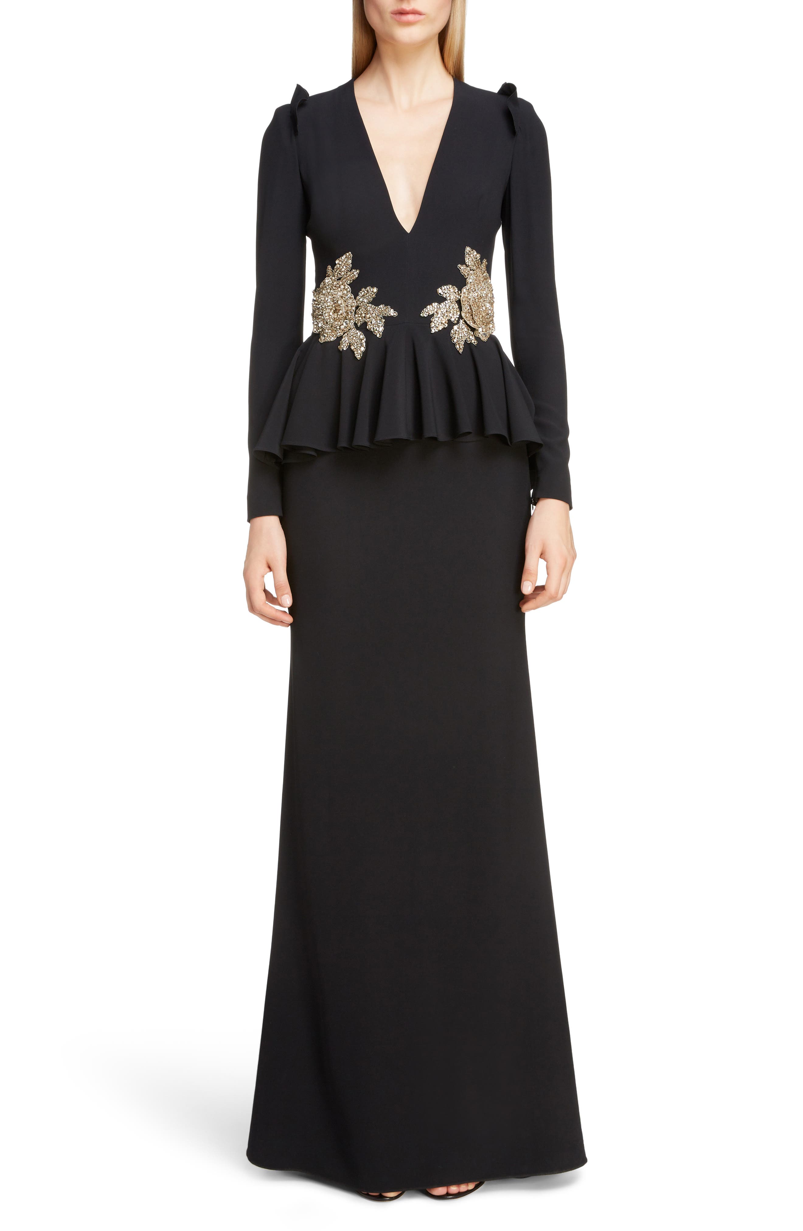 Alexander Mcqueen Embellished Peplum Waist Gown, US / 46 IT - Black