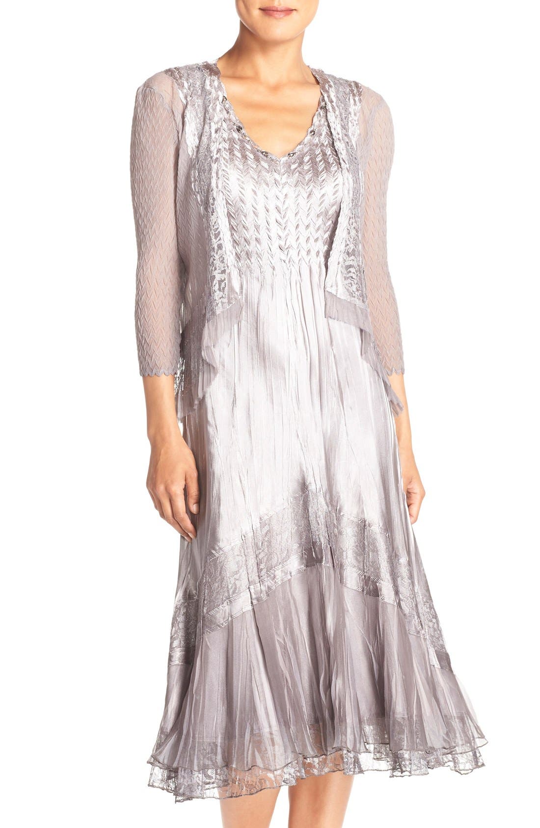 Petite Komarov Embellished Mixed Media A-Line Dress & Jacket, Grey