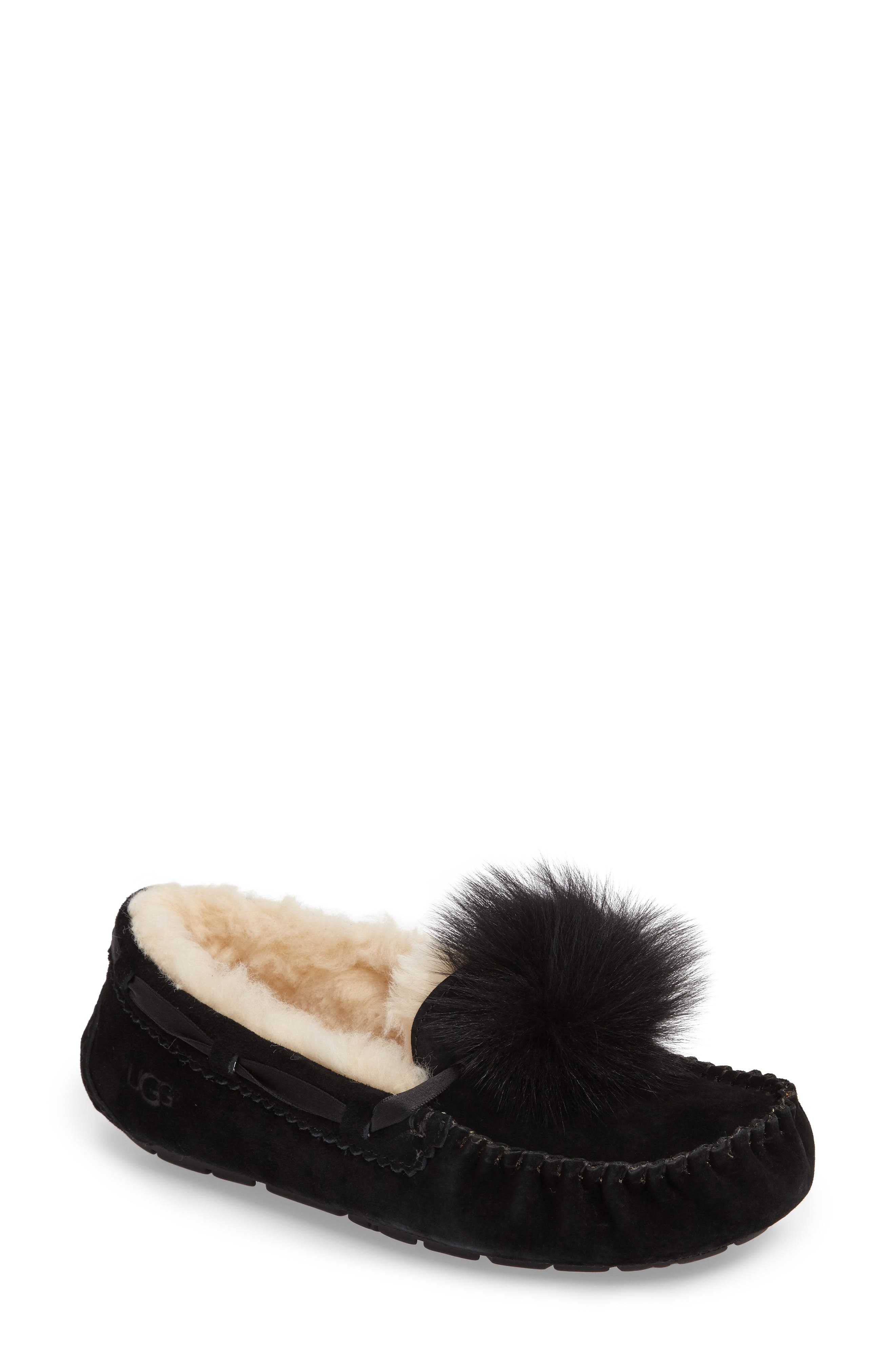 Ugg Dakota Water Resistant Genuine Shearling Pompom Slipper, Black