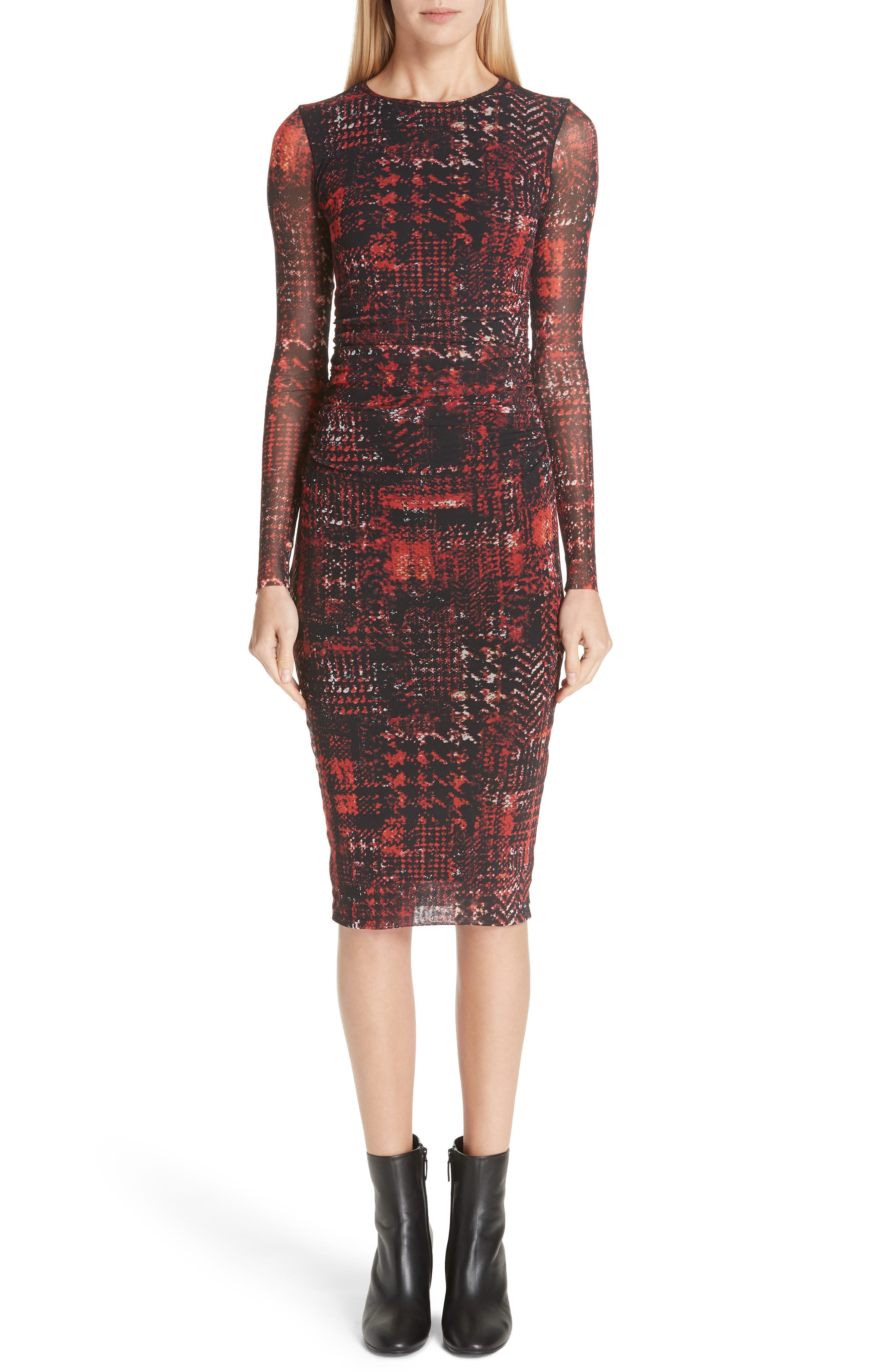 Fuzzi Long Sleeve Plaid Tulle Dress, Red