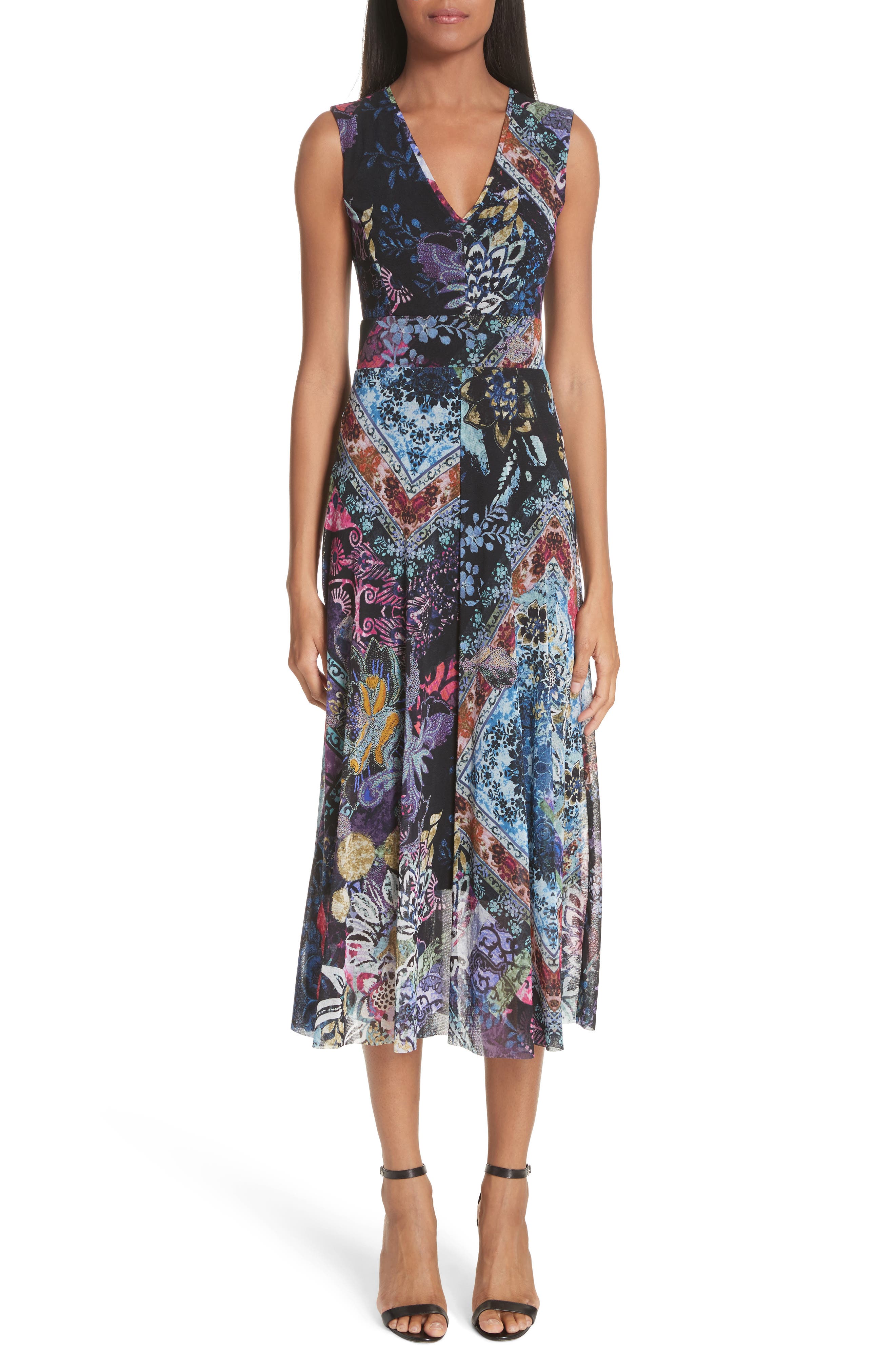 Fuzzi Floral Patchwork Print Tulle Dress, Black