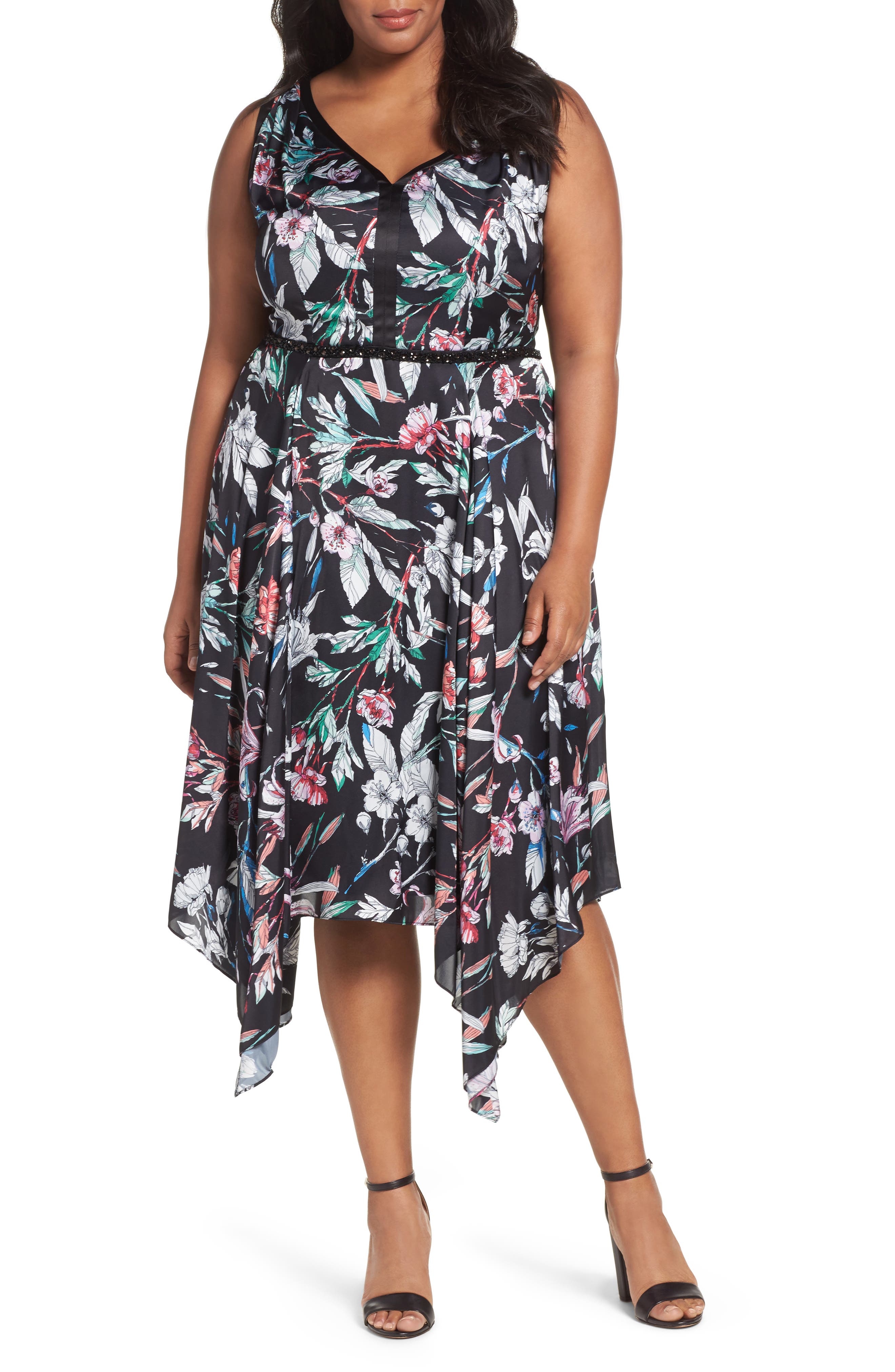 Plus Size Adrianna Papell Print Satin Chiffon Handkerchief Dress, Black