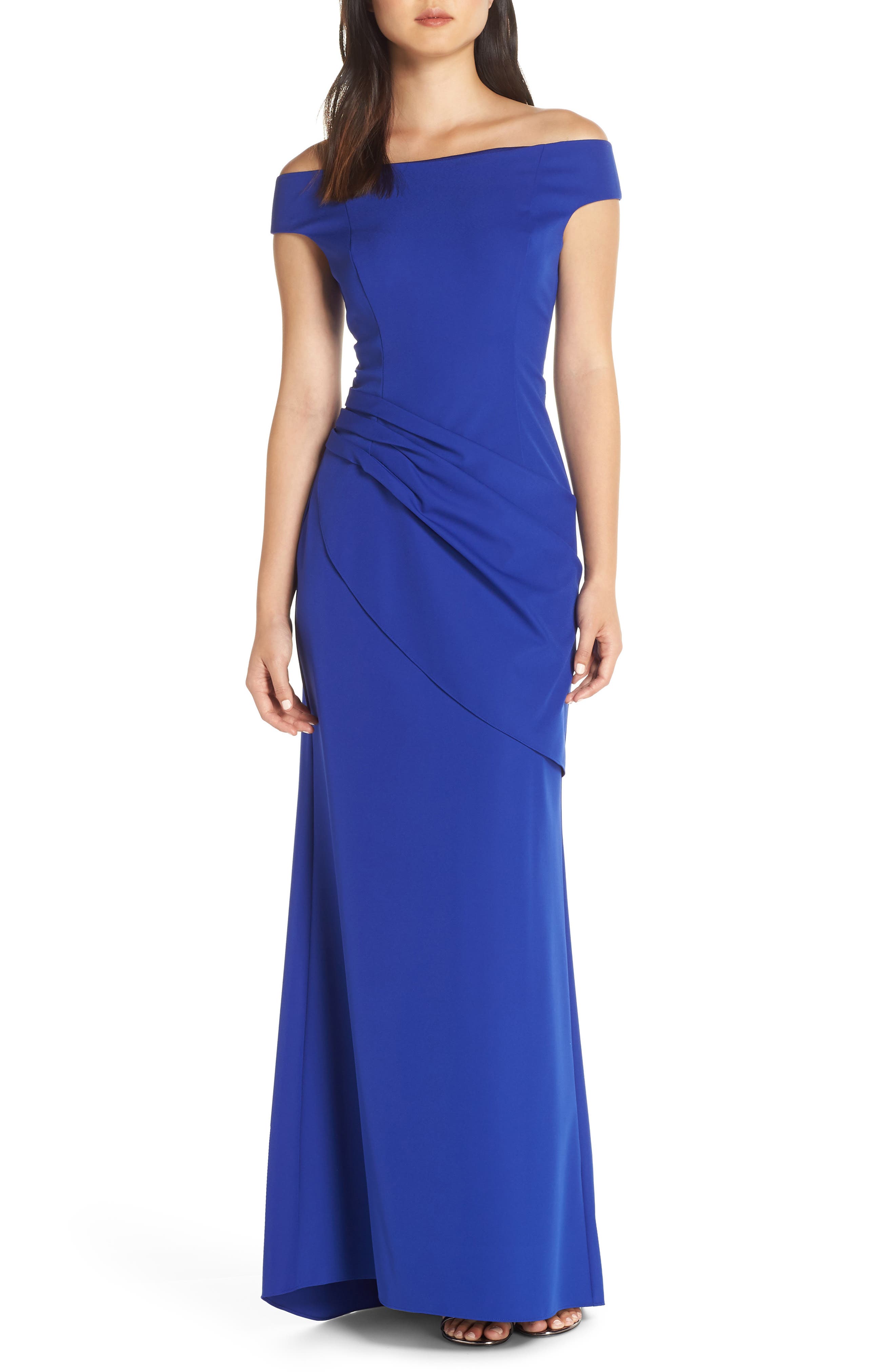 Petite Eliza J Draped Off The Shoulder Gown, Blue
