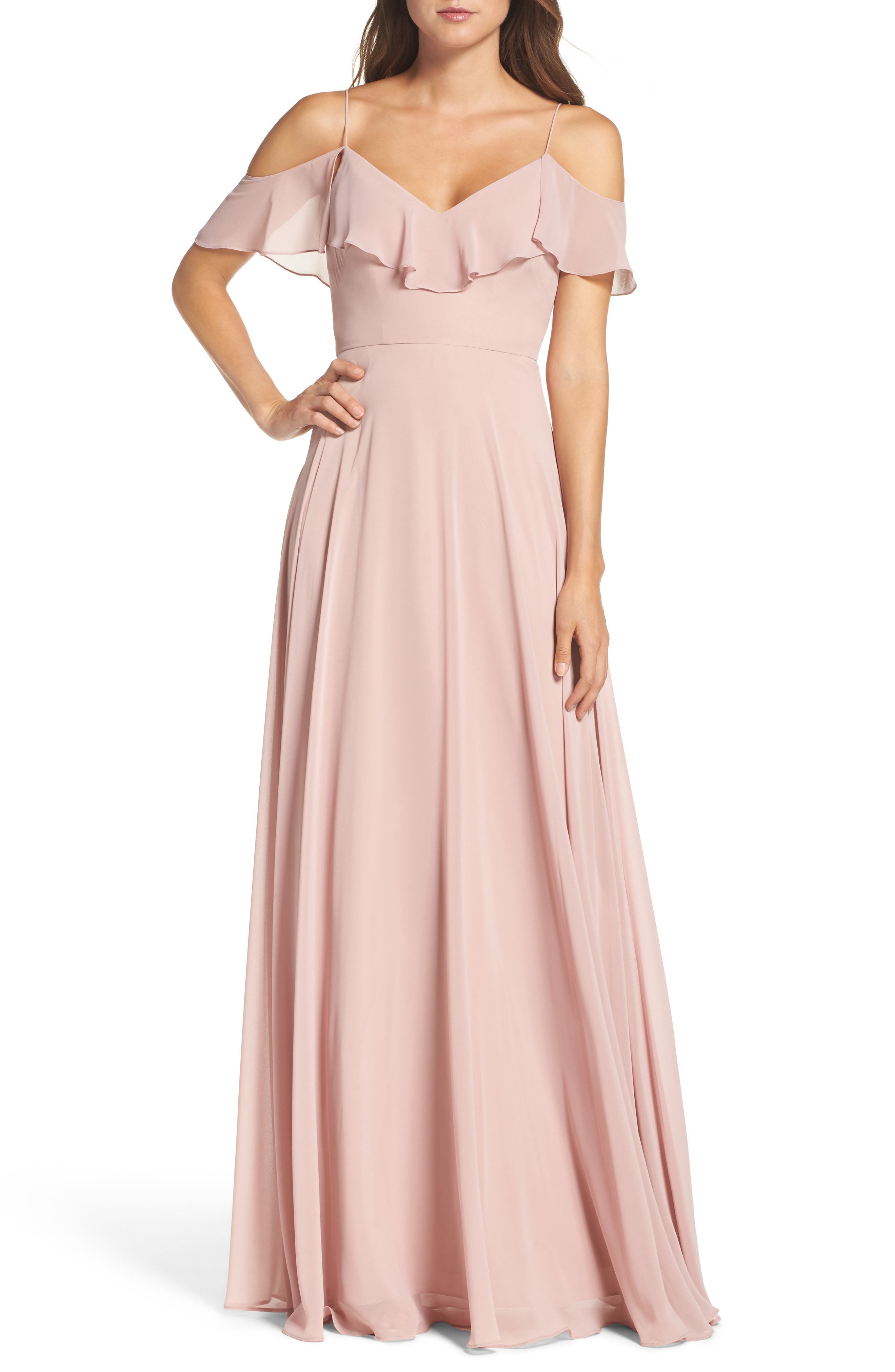 Jenny Yoo Cold Shoulder Chiffon Gown, Pink