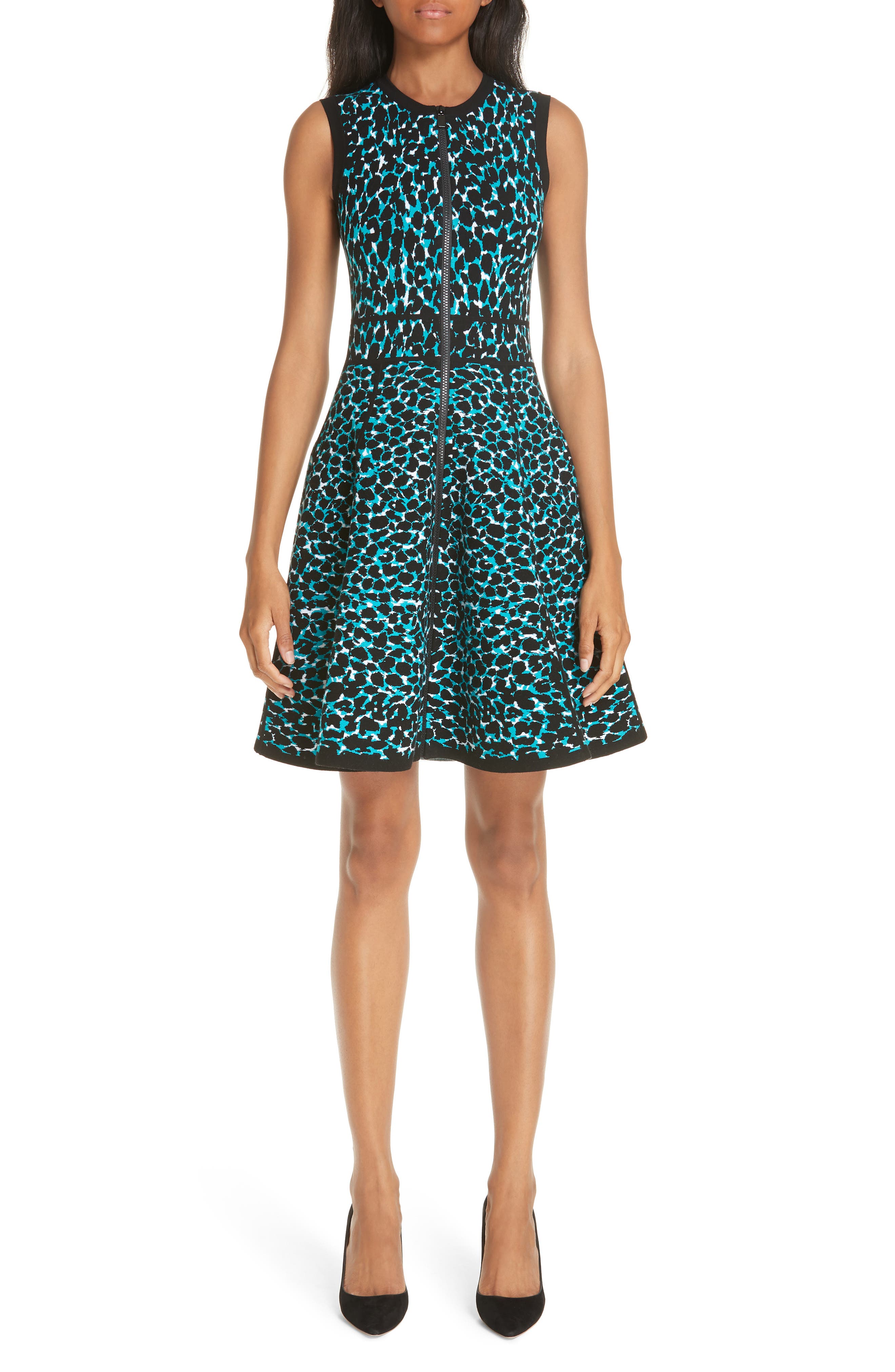 Michael Kors Leopard Print Zip Front Fit & Flare Dress, Green