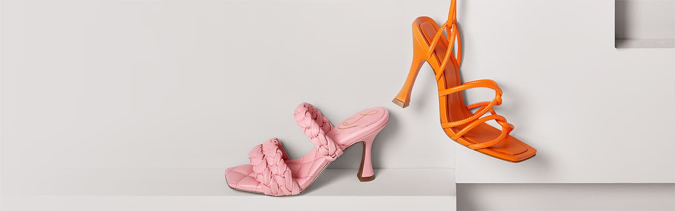 A pink woven-strap slide high heel and an orange strappy ankle-tie high heel.