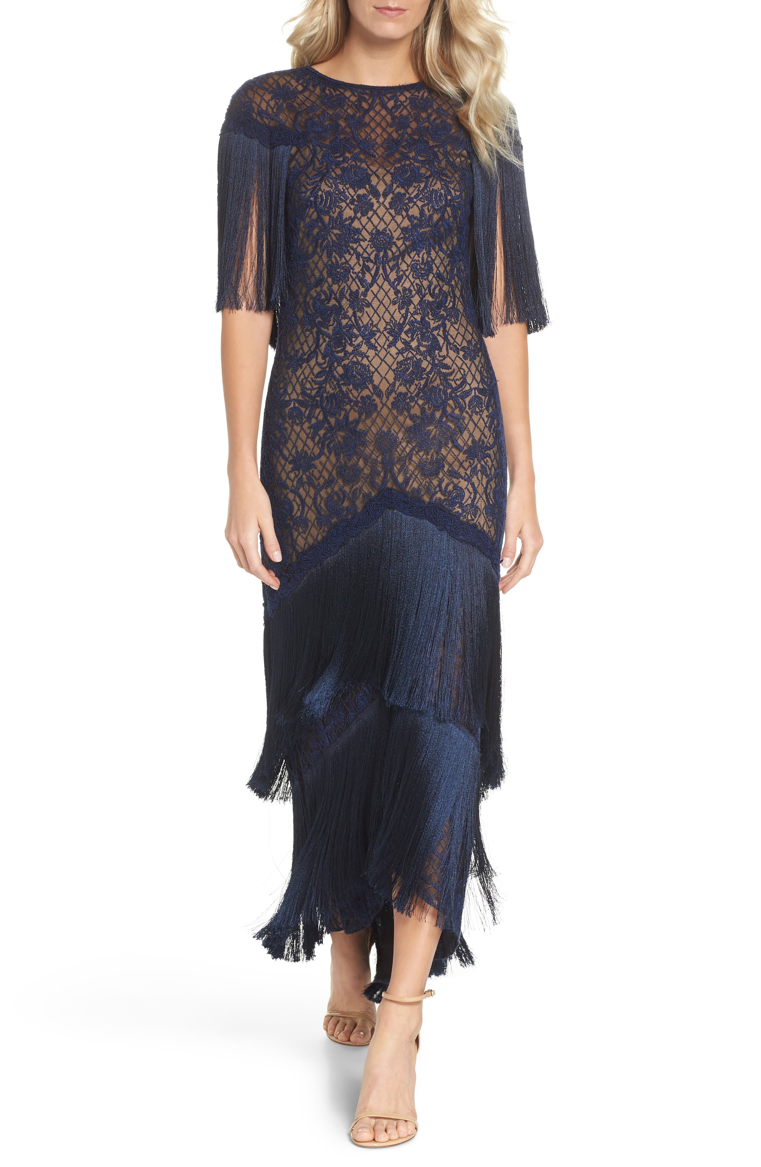 Tadashi Shoji Embroidered Mesh & Fringe Gown, Blue