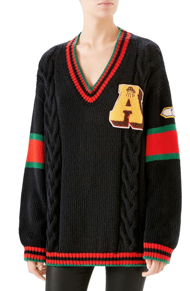 Gucci Cable Knit Sweater With Patches In Green ModeSens