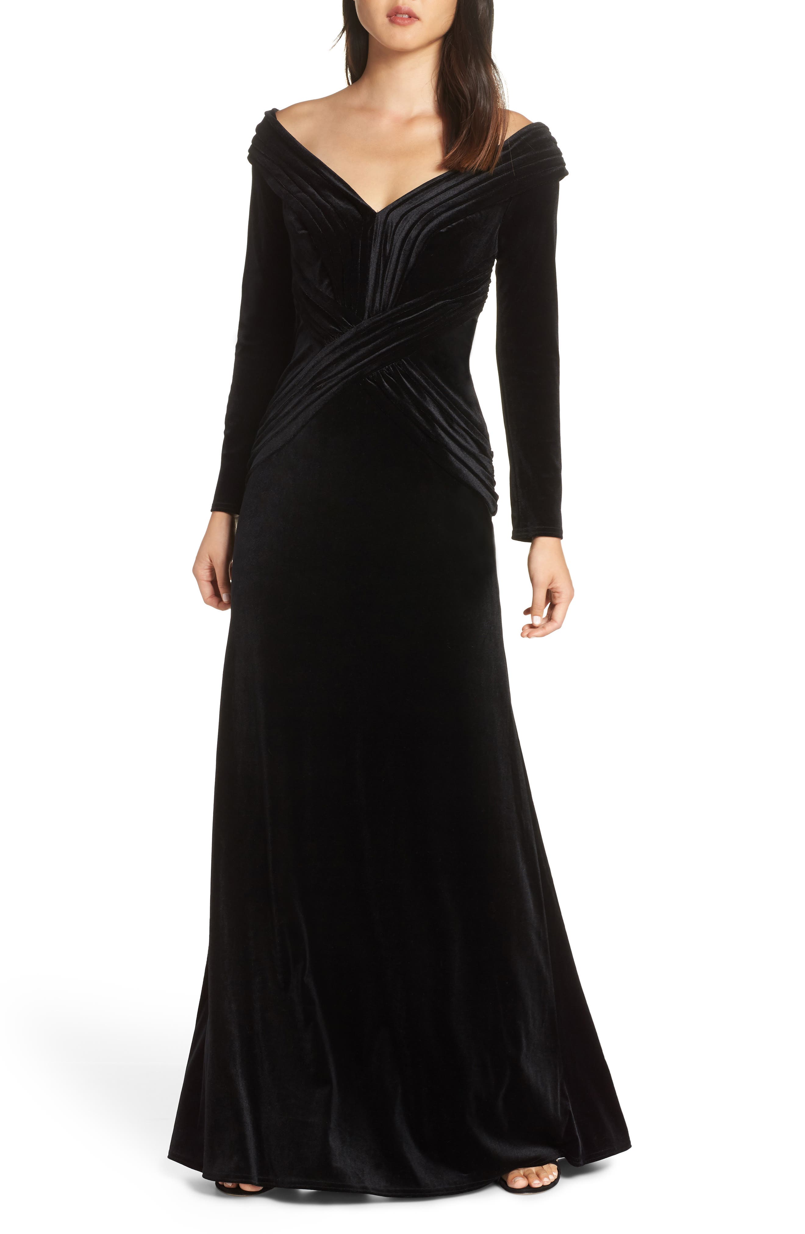 Tadashi Shoji Off-Shoulder Velvet Gown, Black