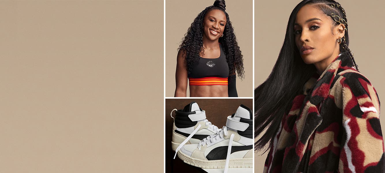 A woman wearing a sports bra from the new PUMA High Court Collection, Coached by June Ambrose. A pair of sneakers. A woman wearing a coat.