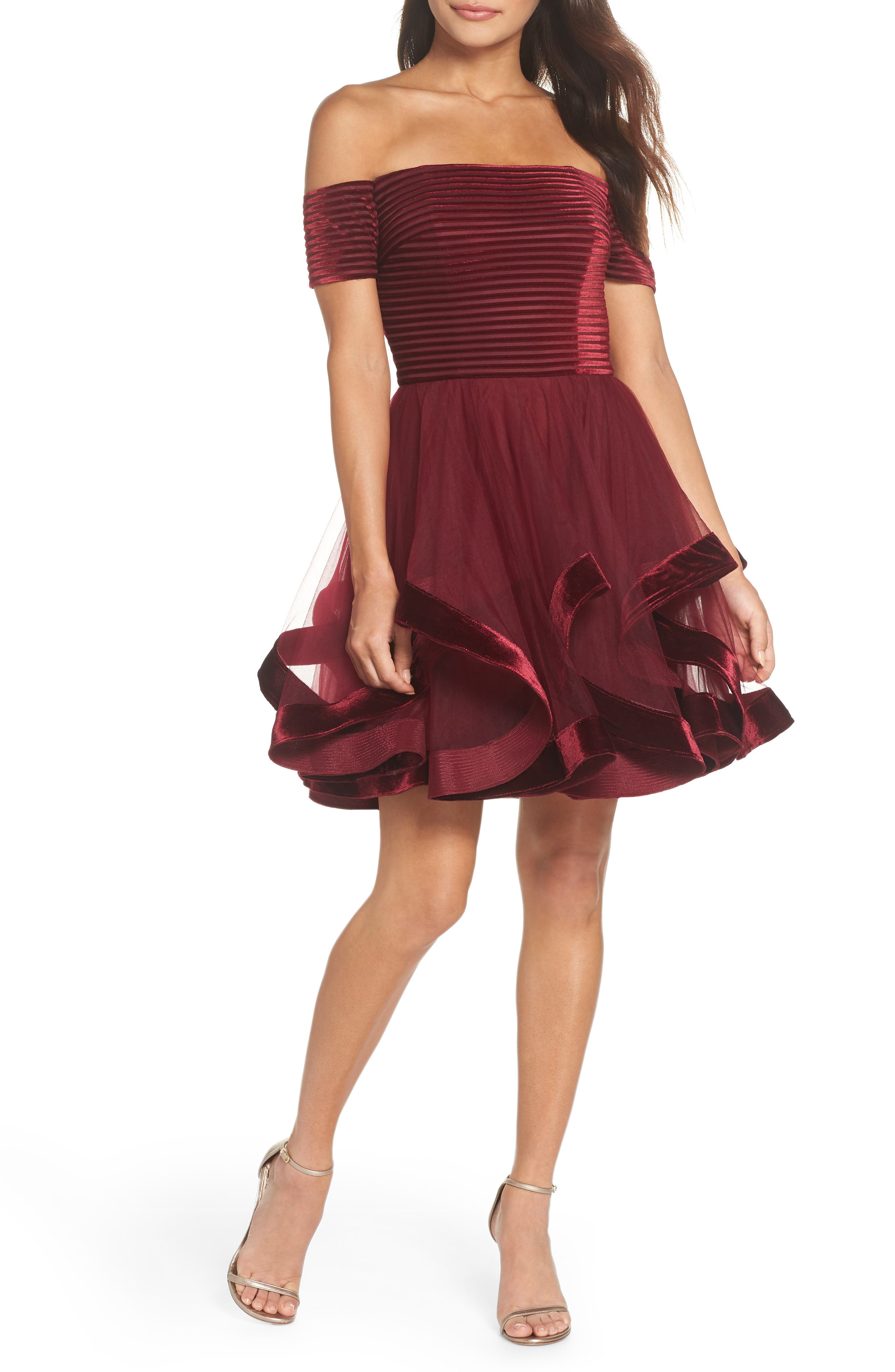 La Femme Off The Shoulder Velvet & Tulle Party Dress, Pink