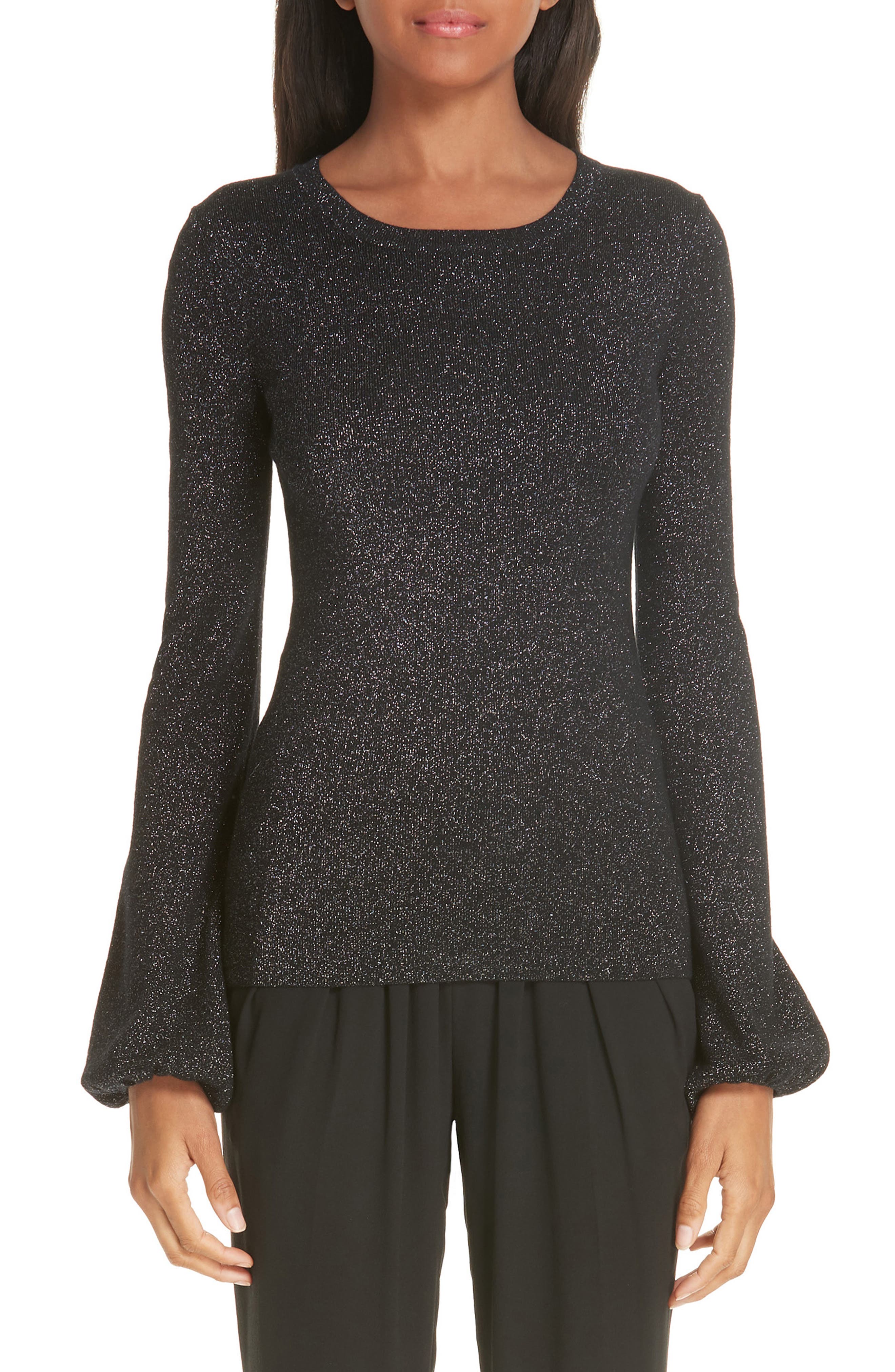 Michael Kors Peasant Sleeve Metallic Merino Wool Blend Sweater, Black
