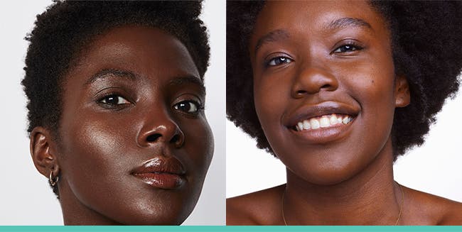 Two women with dark brown skin in UOMA Beauty's Black Pearl foundation shade.