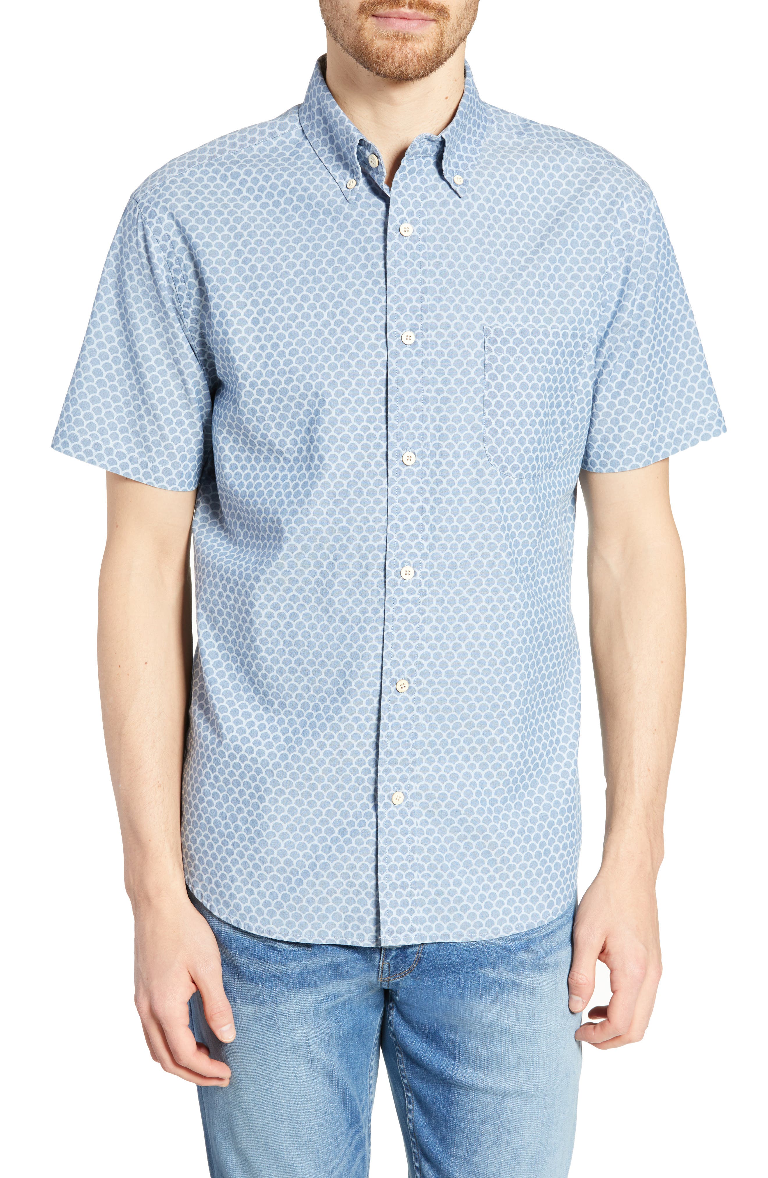 Faherty Pacific Regular Fit Fishscale Print Cotton Sport Shirt, Blue