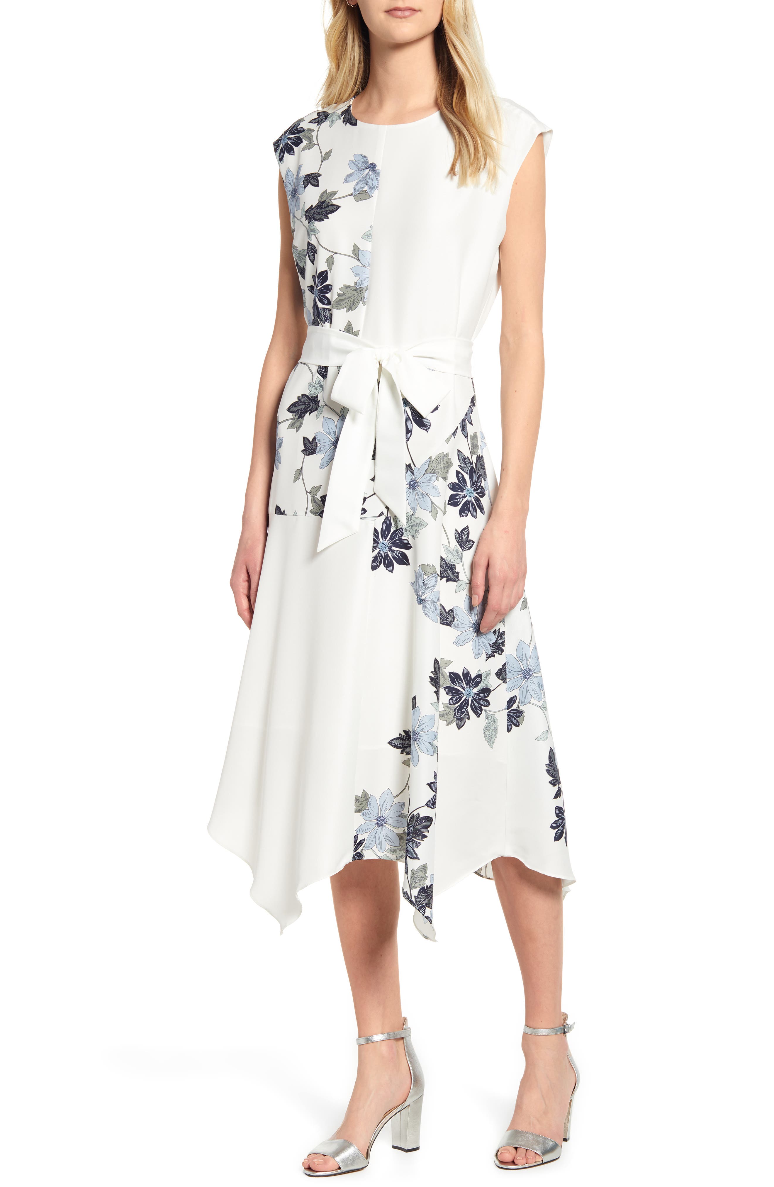 Vince Camuto Floral Vines Belted Dress, Ivory