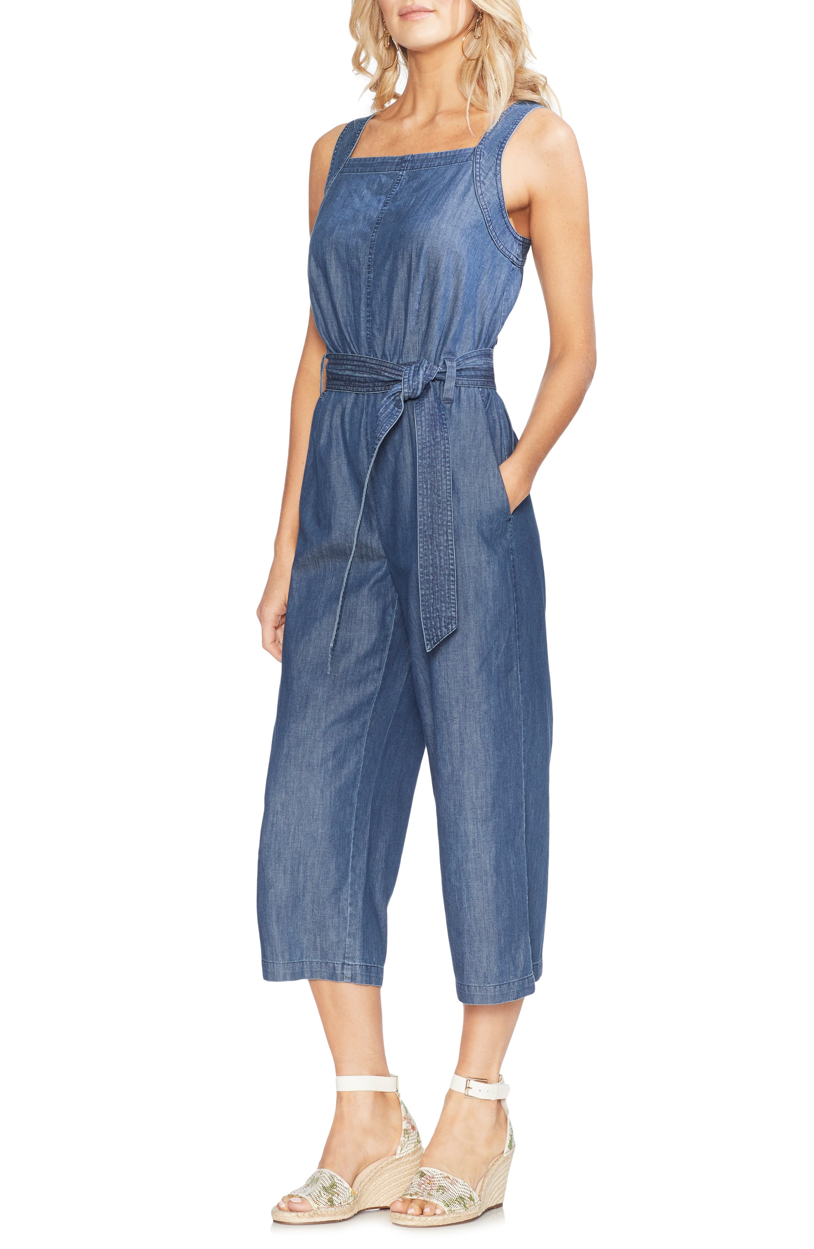 Vince Camuto Suits BELTED CROP DENIM JUMPSUIT