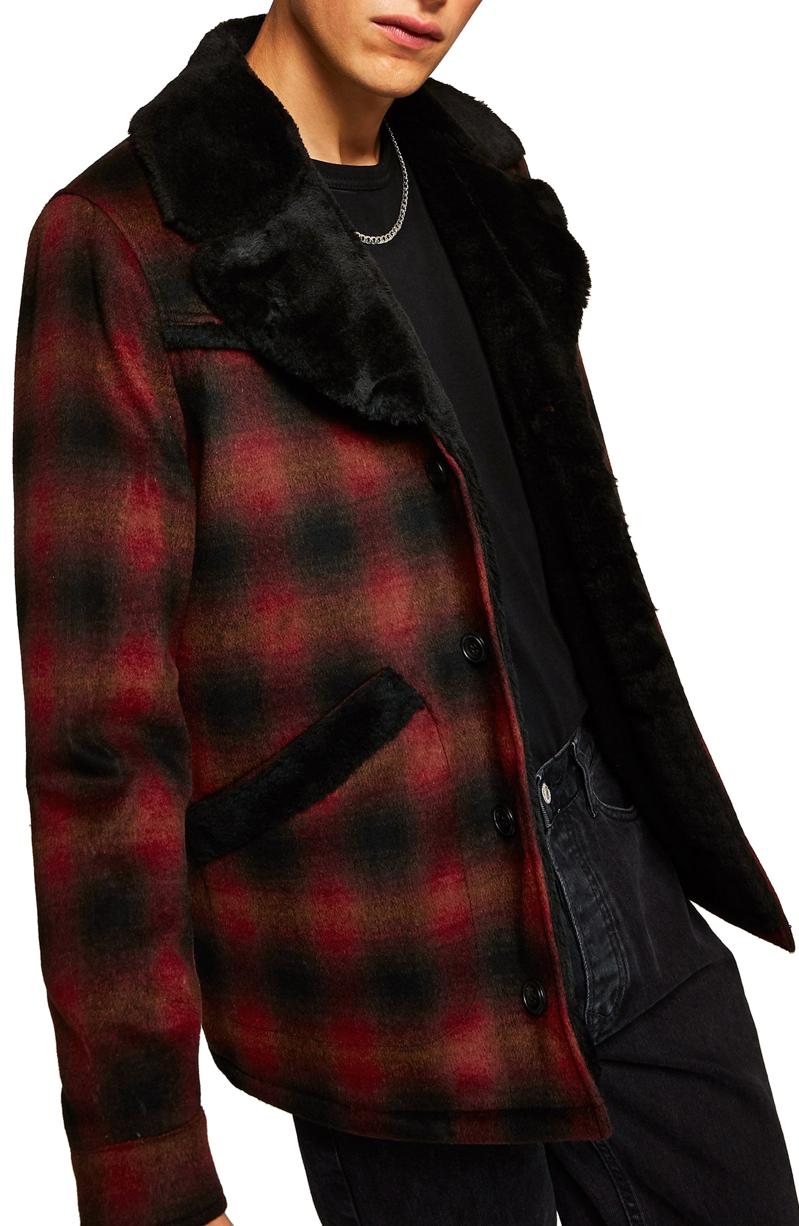 Topman Check Faux Fur Lined Rodeo Jacket