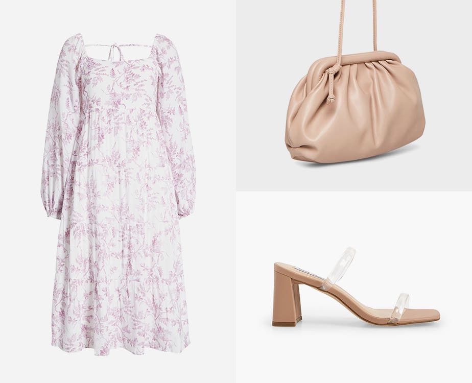 A floral-print dress, tan handbag and block-heel sandals.