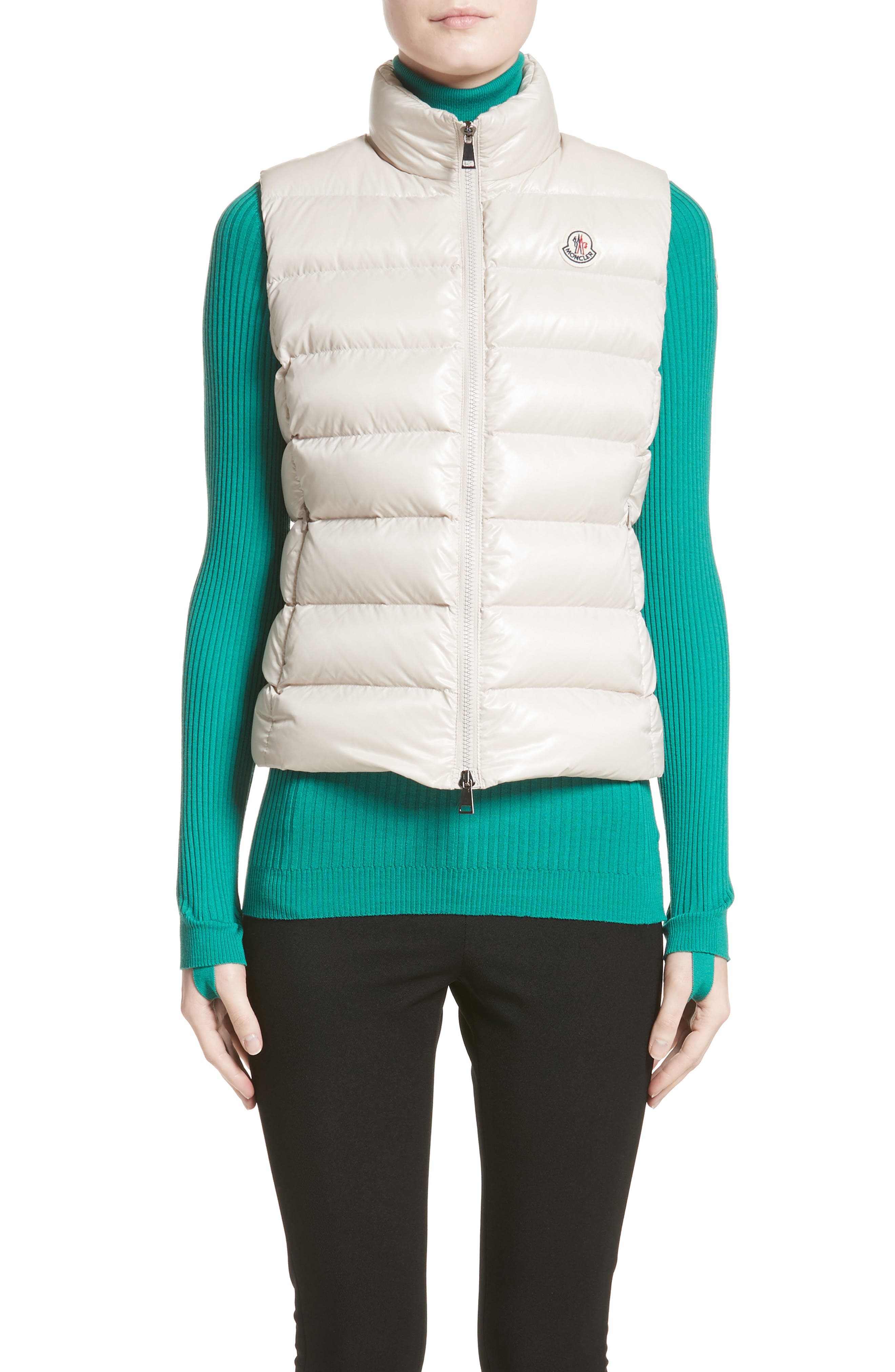 Moncler Ghany Water Resistant Shiny Nylon Down Puffer Vest, Ivory