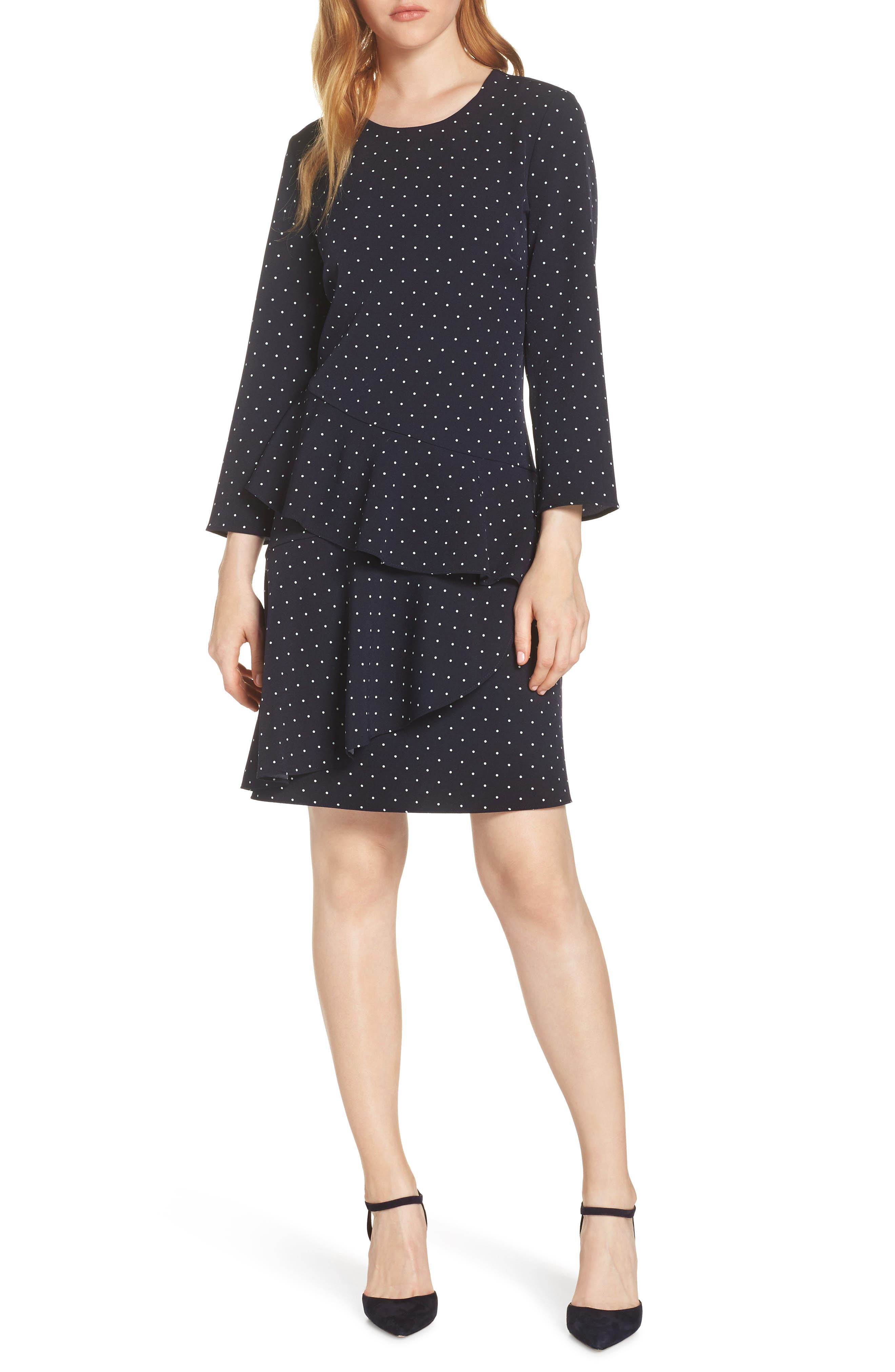 Petite Eliza J Tiered Drop Waist Dress, Blue