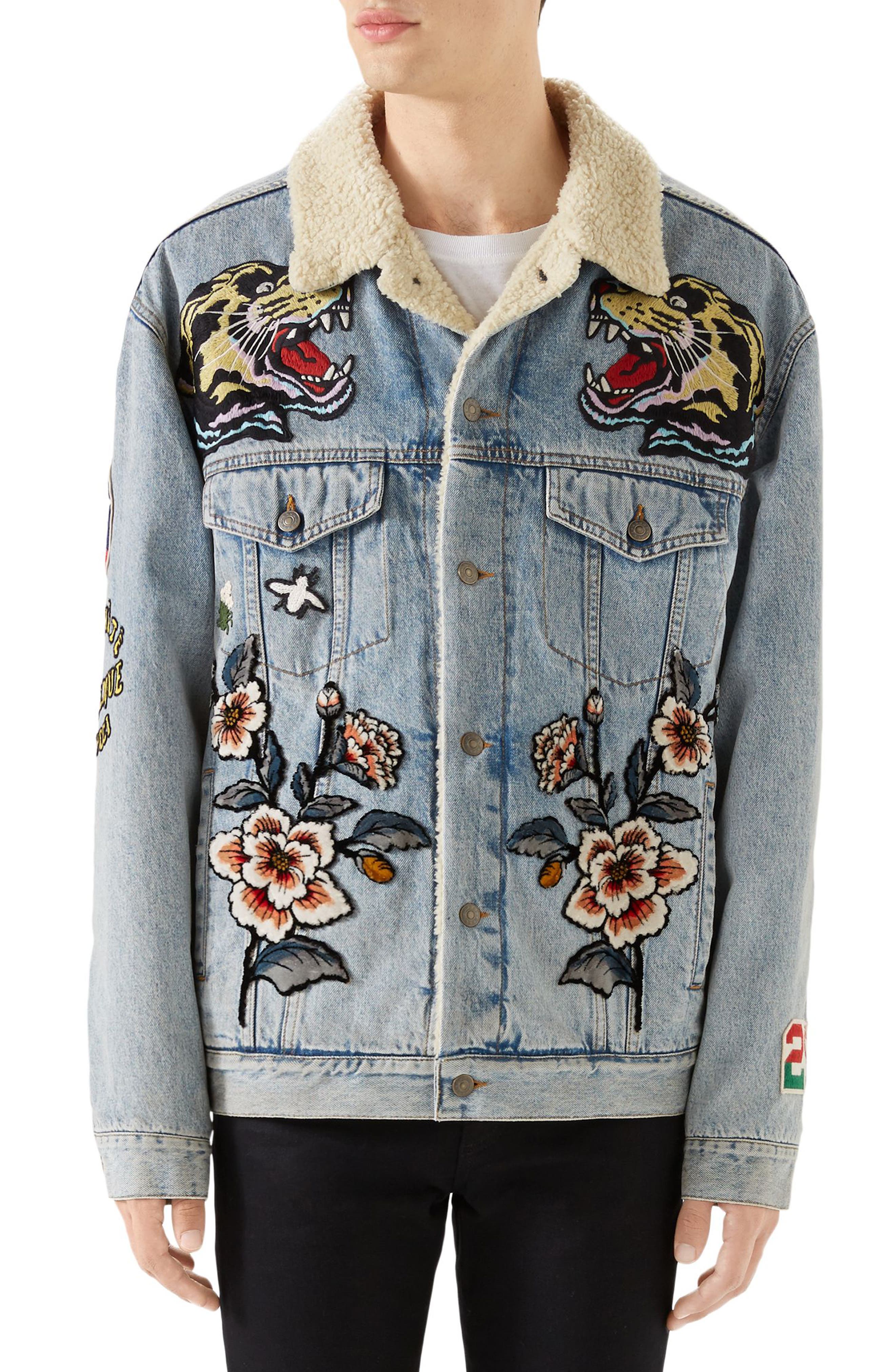 Gucci Fleece Lined Embroidered Denim Jacket, Blue
